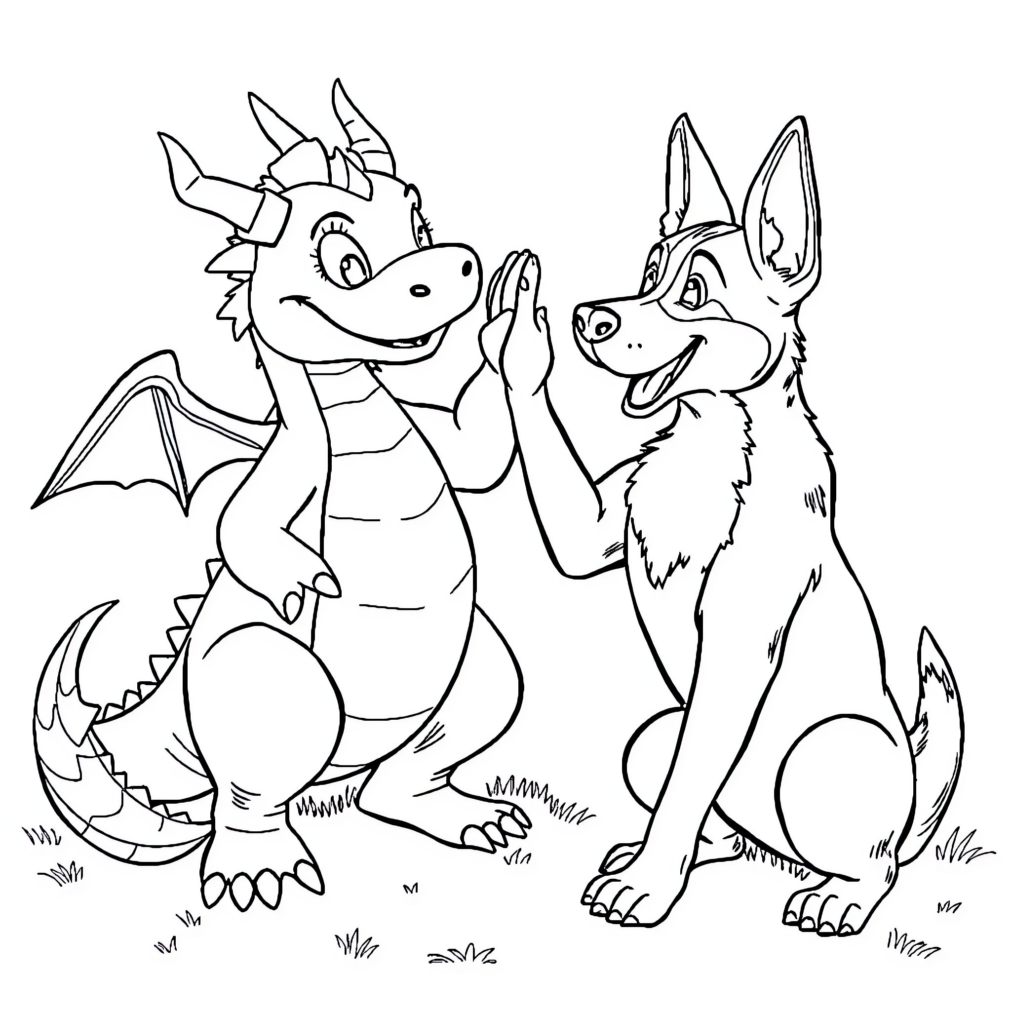 Blue Heeler and Dragon Enjoying Outdoor Adventure Coloring Page (free black-and-white line drawing printable PDF for all, from beginners to advanced learners, including children, teens, adults, and seniors)