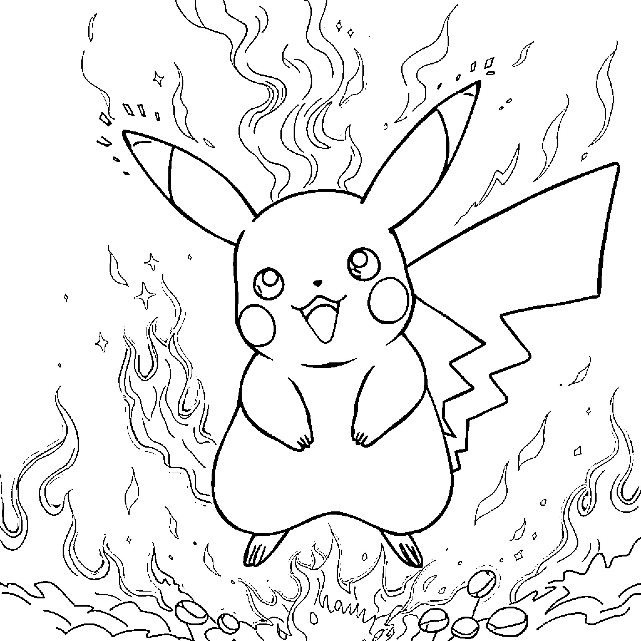 Pikachu surrounded by fiery energy Coloring Page (free black-and-white line drawing printable PDF for all, from beginners to advanced learners, including children, teens, adults, and seniors)