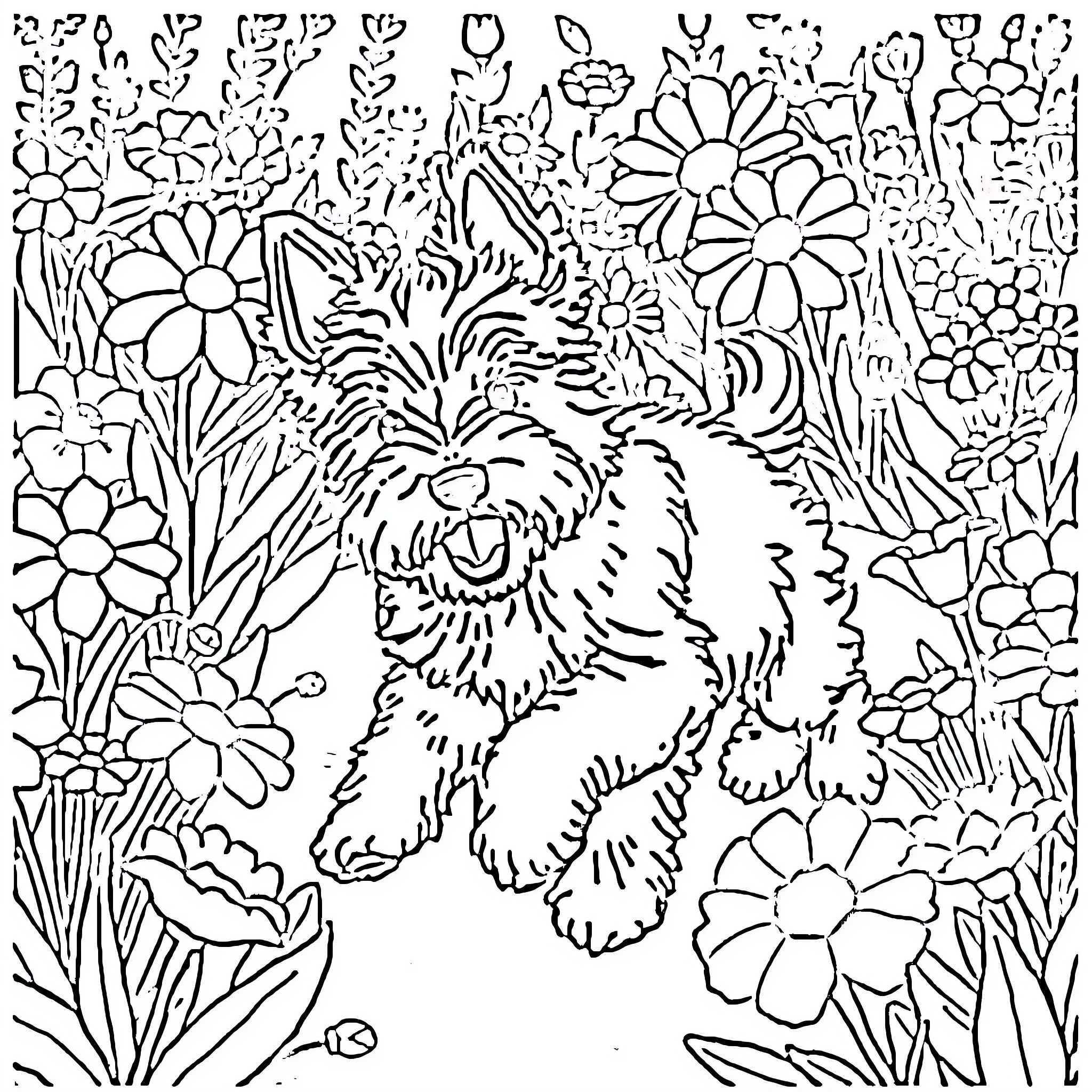 Puppy playing amidst vibrant flowers Coloring Page (free black-and-white line drawing printable PDF for all, from beginners to advanced learners, including children, teens, adults, and seniors)