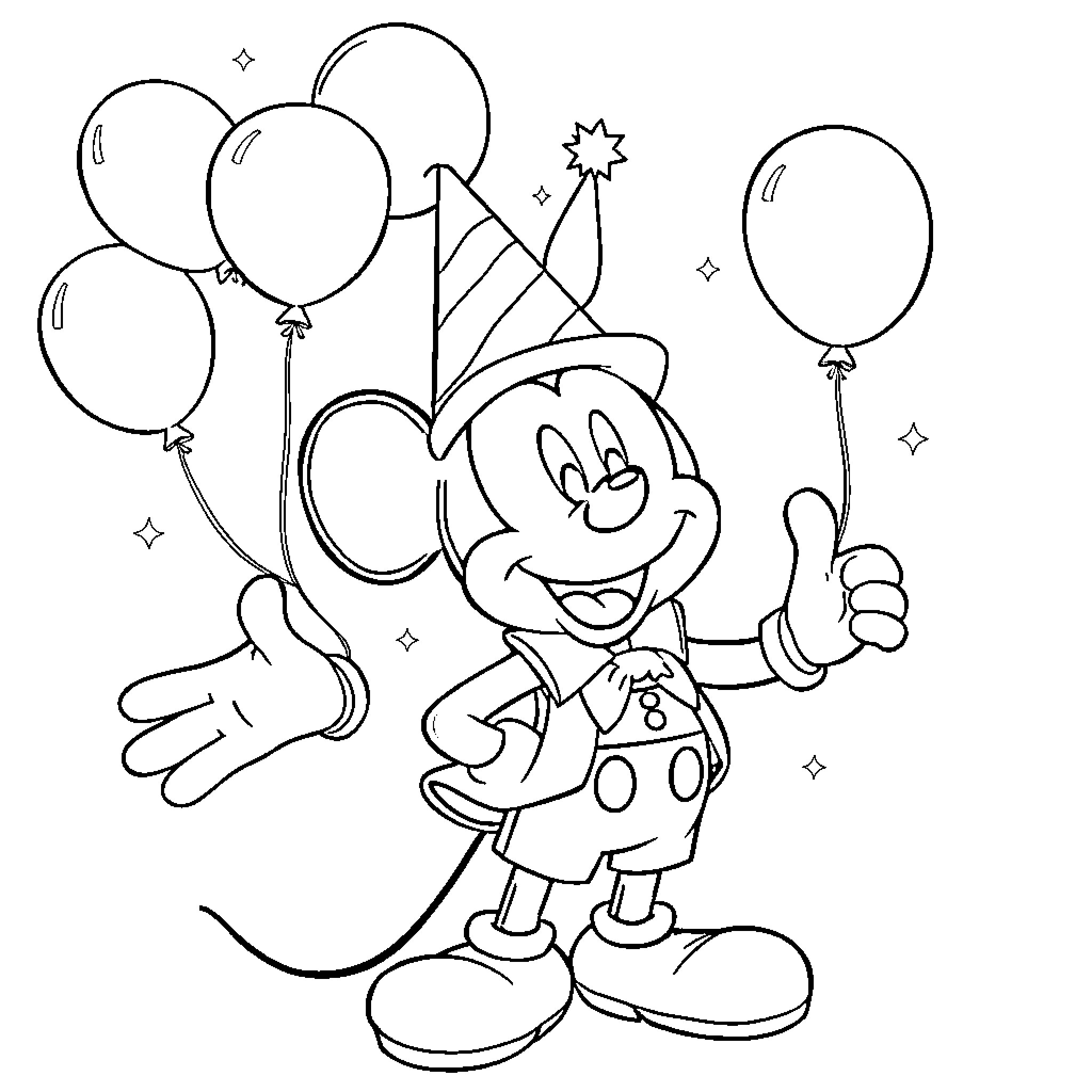 Mickey Mouse celebrating with balloons Coloring Page (free black-and-white line drawing printable PDF for all, from beginners to advanced learners, including children, teens, adults, and seniors)