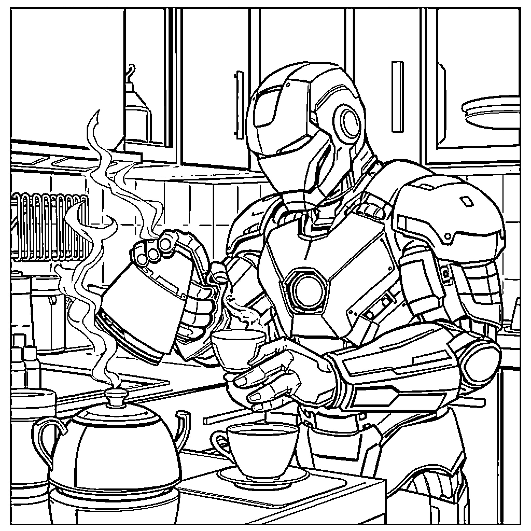 Ironman enjoying a hot beverage in the workshop Coloring Page (free black-and-white line drawing printable PDF for all, from beginners to advanced learners, including children, teens, adults, and seniors)