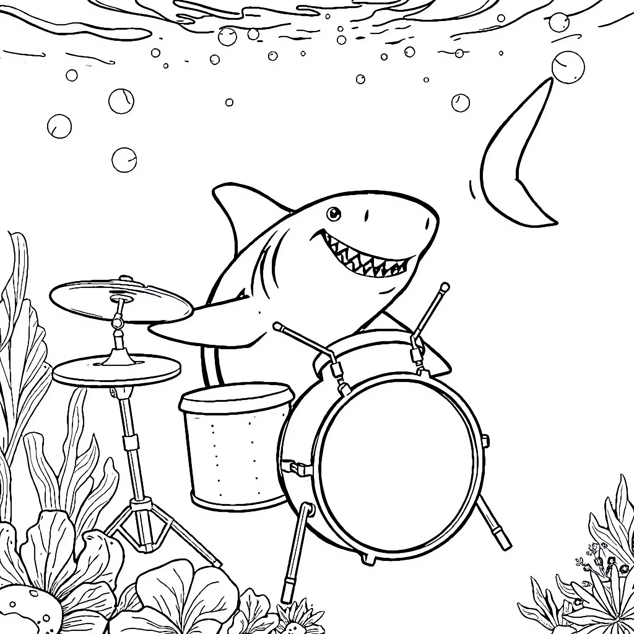 Shark playing drums in an underwater scene Coloring Page (free black-and-white line drawing printable PDF for all, from beginners to advanced learners, including children, teens, adults, and seniors)