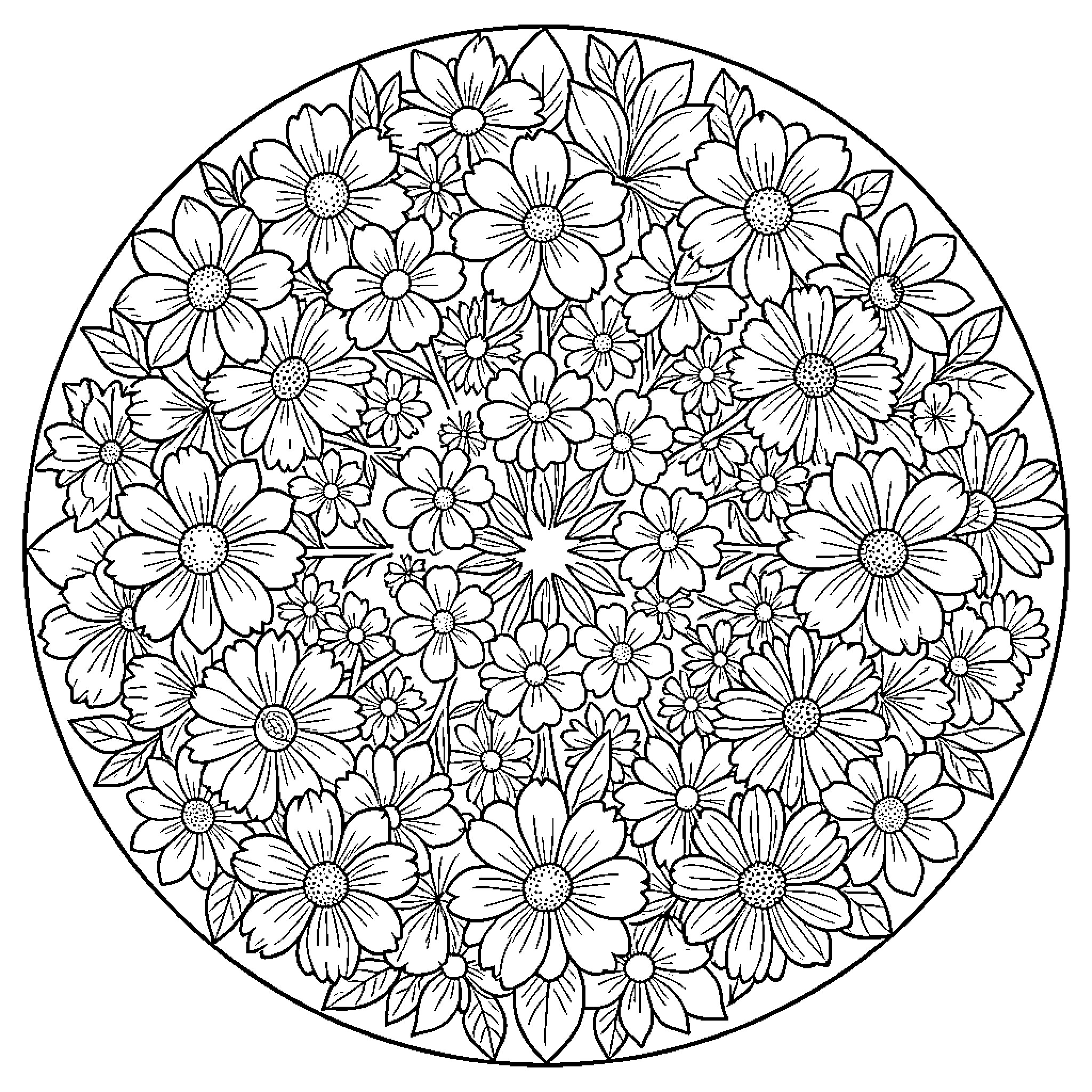 Flower-filled circular composition with detailed floral patterns Coloring Page (free black-and-white line drawing printable PDF for all, from beginners to advanced learners, including children, teens, adults, and seniors)