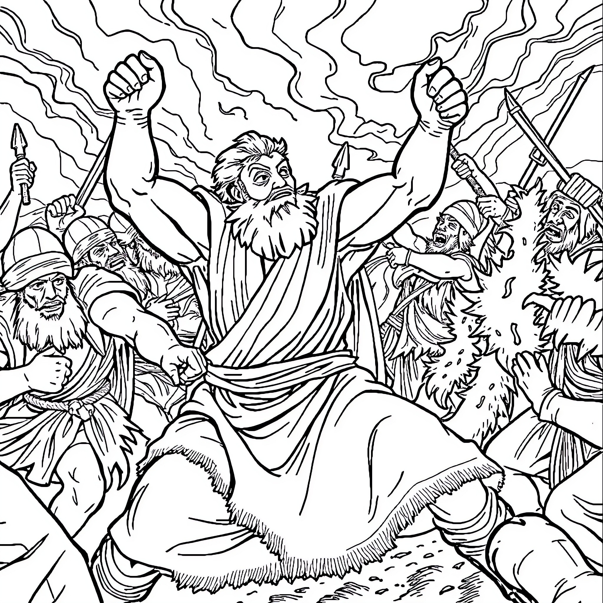 Samson Defeating the Philistines with Supernatural Strength Coloring Page (free black-and-white line drawing printable PDF for all, from beginners to advanced learners, including children, teens, adults, and seniors)