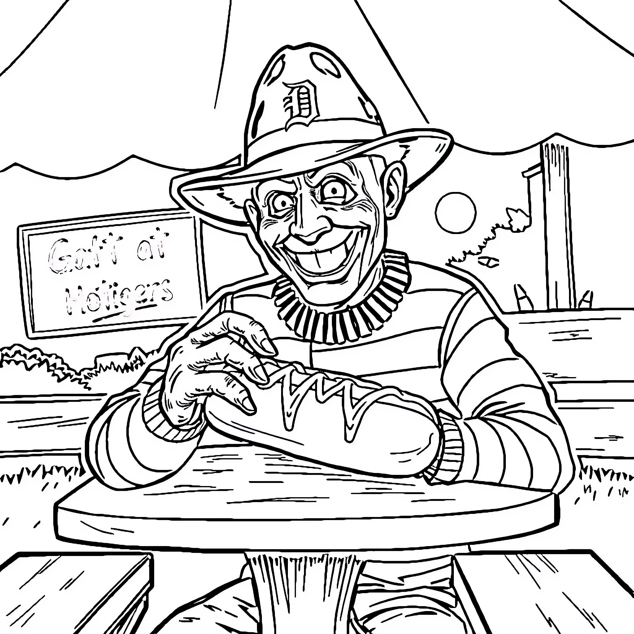 Freddy Krueger Enjoys a Hot Dog at a Carnival Coloring Page (free black-and-white line drawing printable PDF for all, from beginners to advanced learners, including children, teens, adults, and seniors)