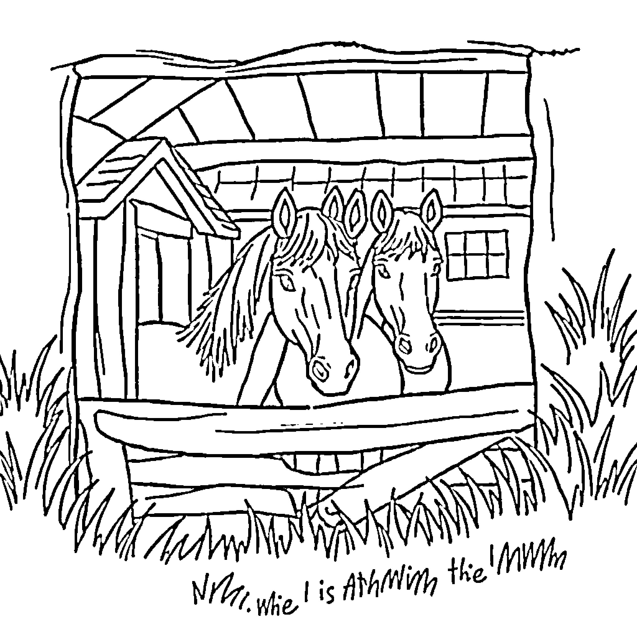 Horse pair standing in a farmyard Coloring Page (free black-and-white line drawing printable PDF for all, from beginners to advanced learners, including children, teens, adults, and seniors)