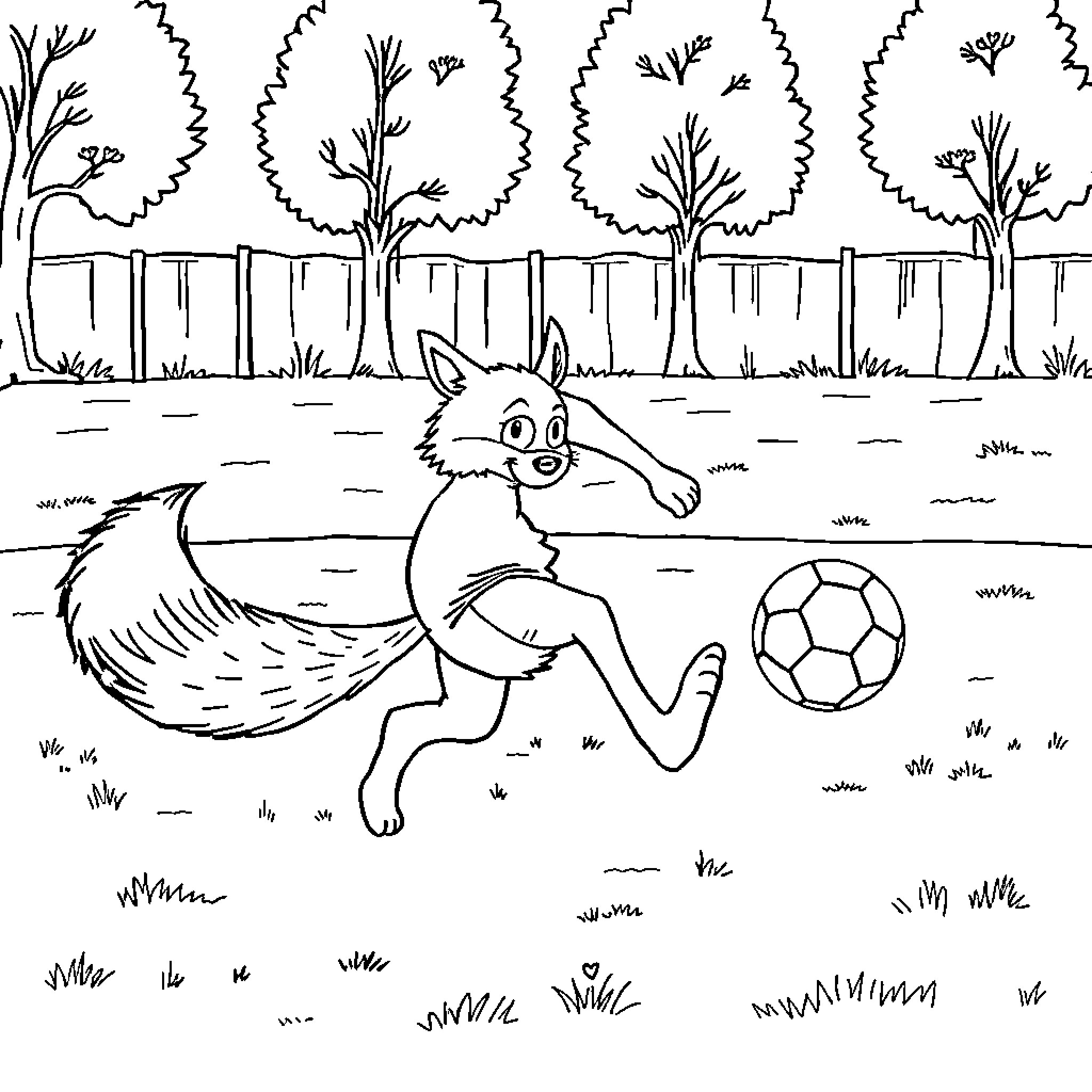 Bull Playing with Soccer Ball in Backyard Coloring Page (free black-and-white line drawing printable PDF for all, from beginners to advanced learners, including children, teens, adults, and seniors)