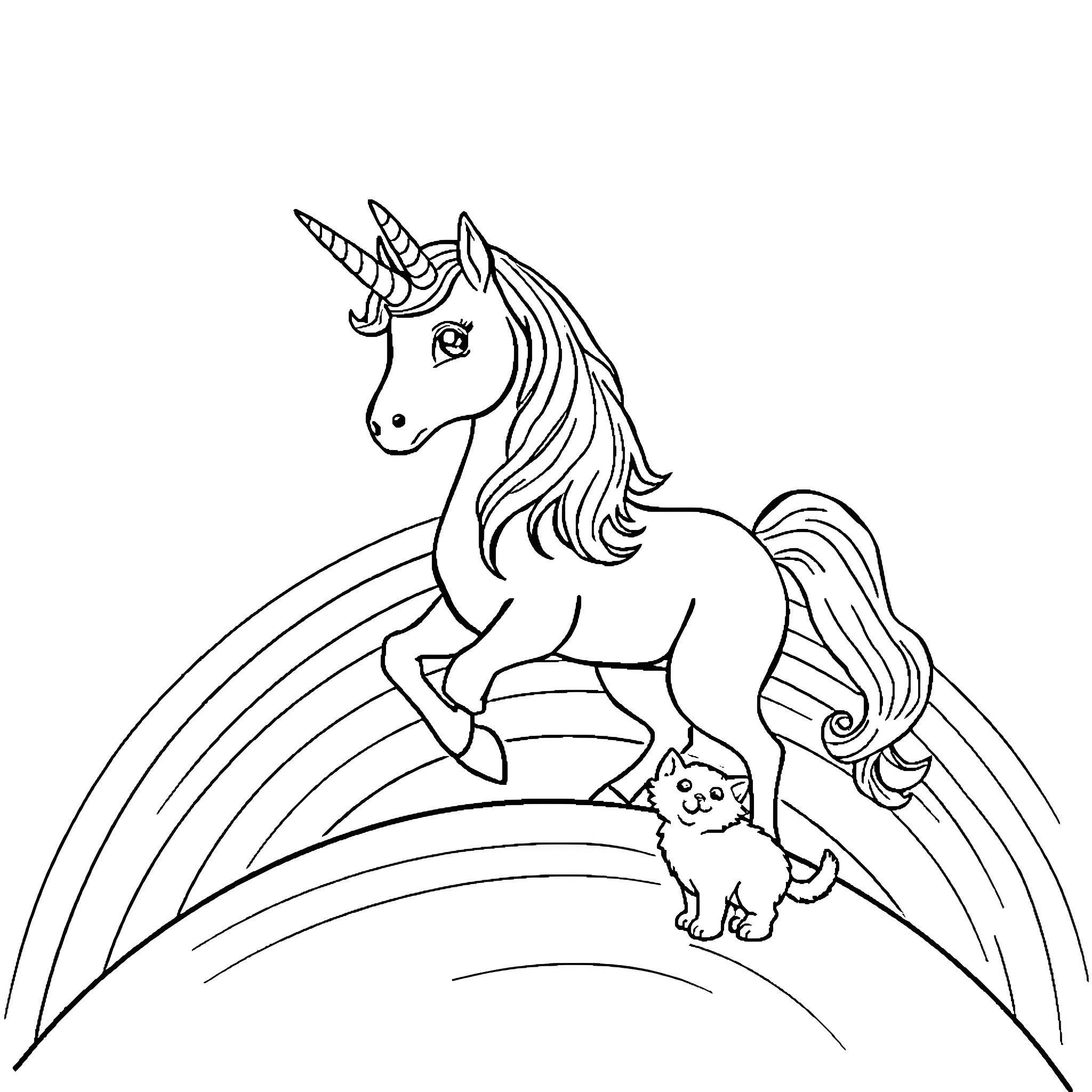 Unicorn and Kitten Playing on Rainbow Coloring Page (free black-and-white line drawing printable PDF for all, from beginners to advanced learners, including children, teens, adults, and seniors)