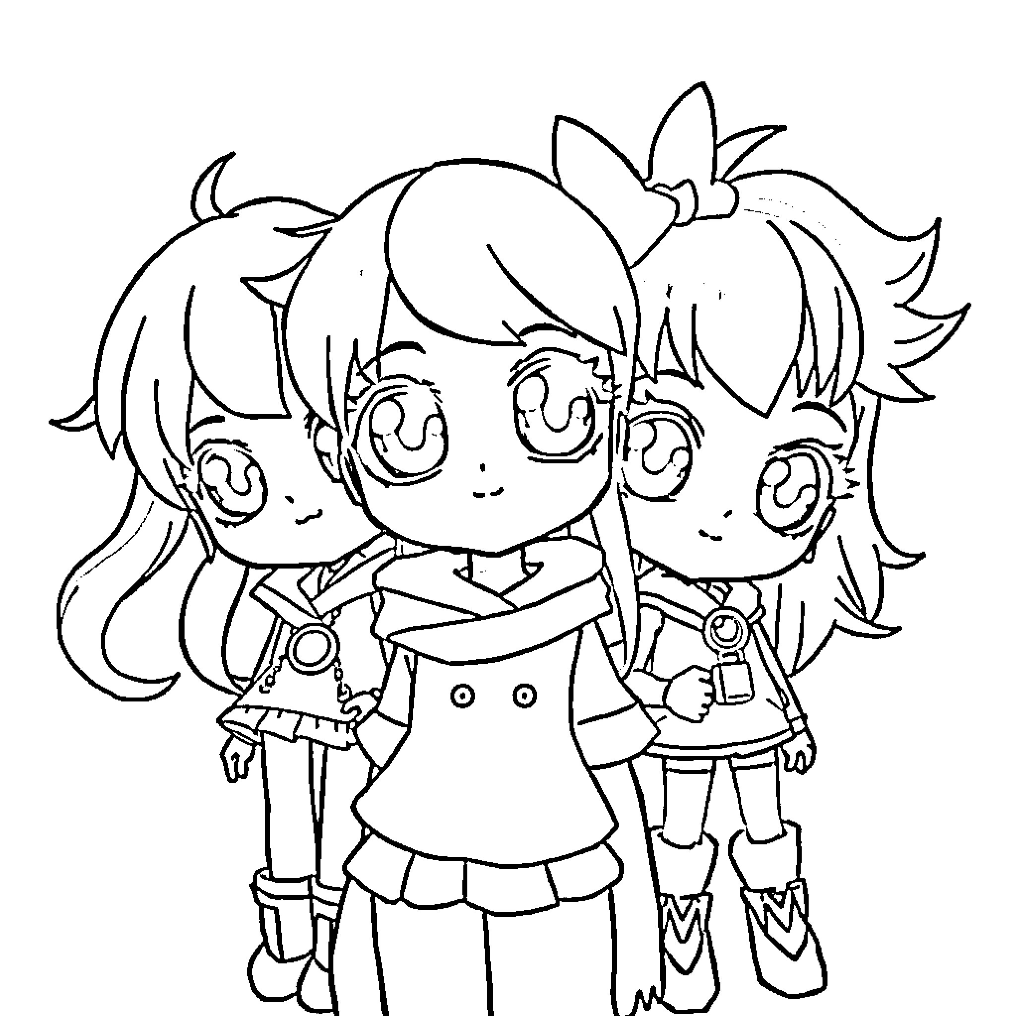 Anime trio of cute girls in casual outfits Coloring Page (free black-and-white line drawing printable PDF for all, from beginners to advanced learners, including children, teens, adults, and seniors)