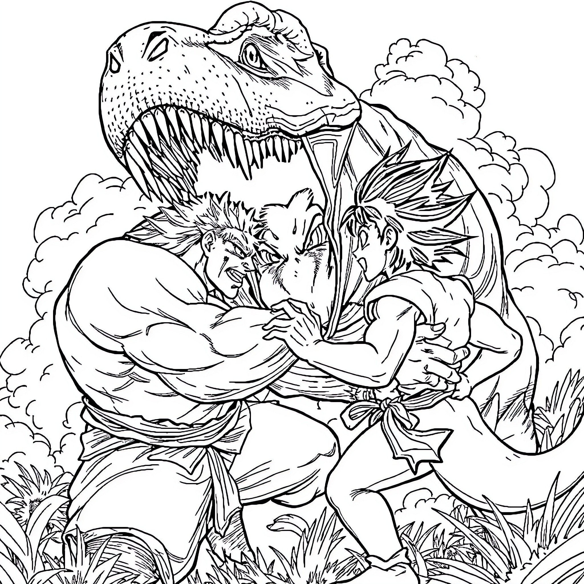 Broly battling fiercely against opponents in a dramatic scene Coloring Page (free black-and-white line drawing printable PDF for all, from beginners to advanced learners, including children, teens, adults, and seniors)