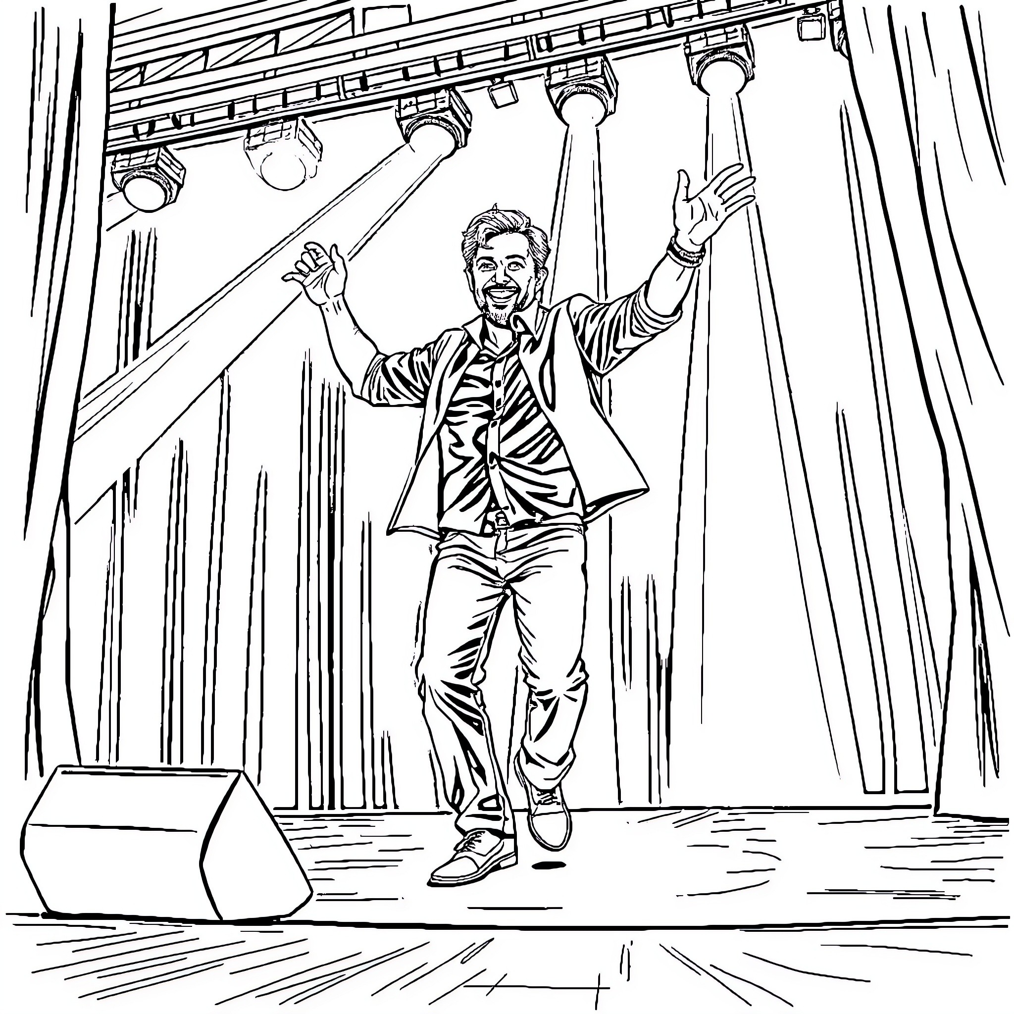 Brett Guthrie performing energetically on stage Coloring Page (free black-and-white line drawing printable PDF for all, from beginners to advanced learners, including children, teens, adults, and seniors)