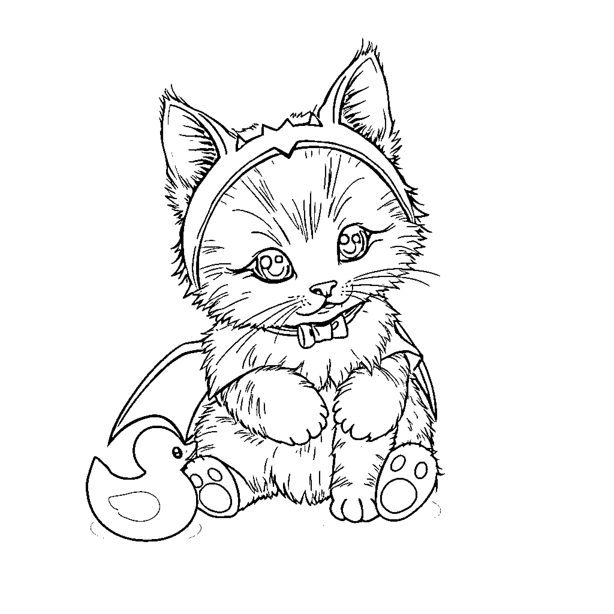 Tabby Cat Playing with Toy Coloring Page (free black-and-white line drawing printable PDF for all, from beginners to advanced learners, including children, teens, adults, and seniors)
