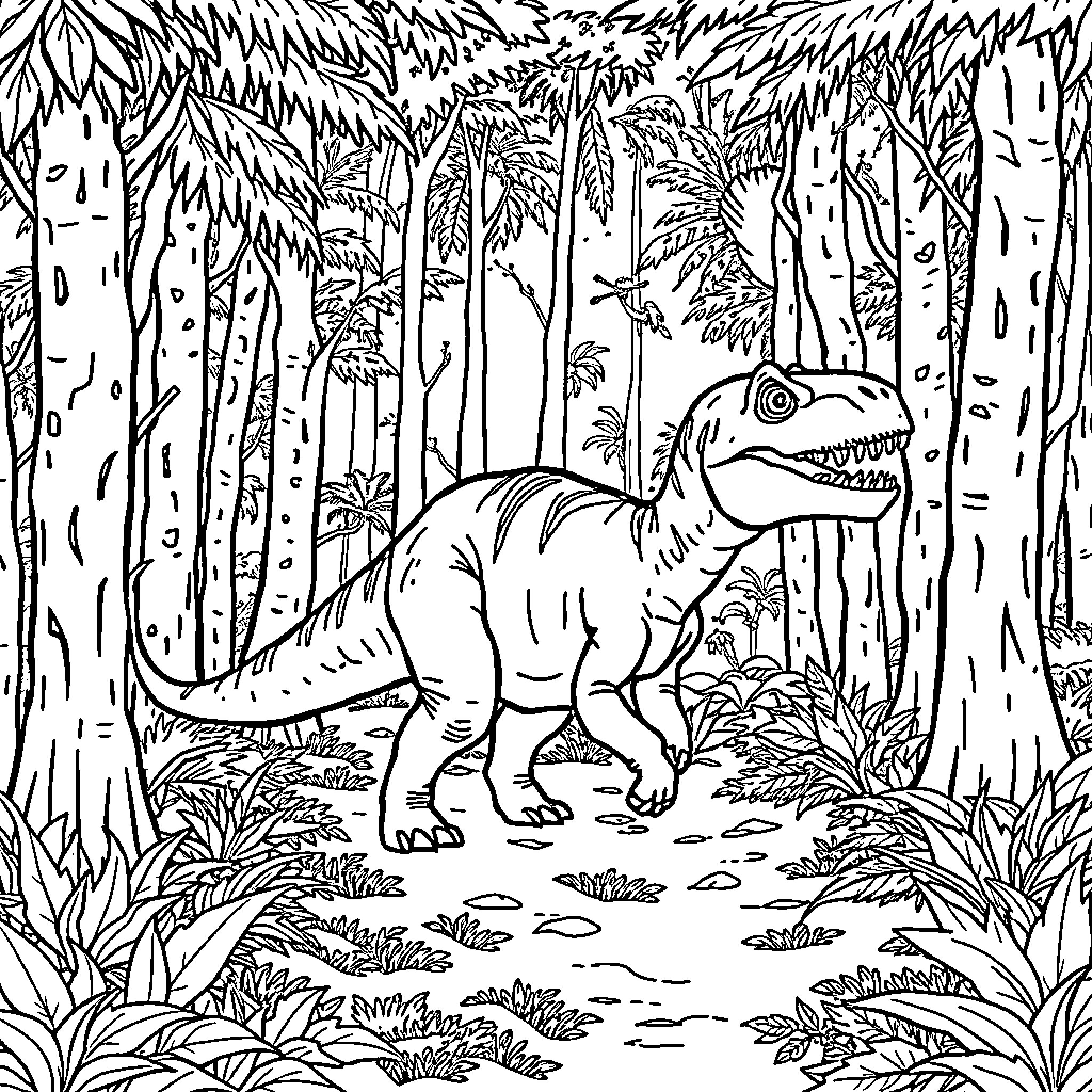 Dinosaur roaming through the prehistoric forest Coloring Page (free black-and-white line drawing printable PDF for all, from beginners to advanced learners, including children, teens, adults, and seniors)