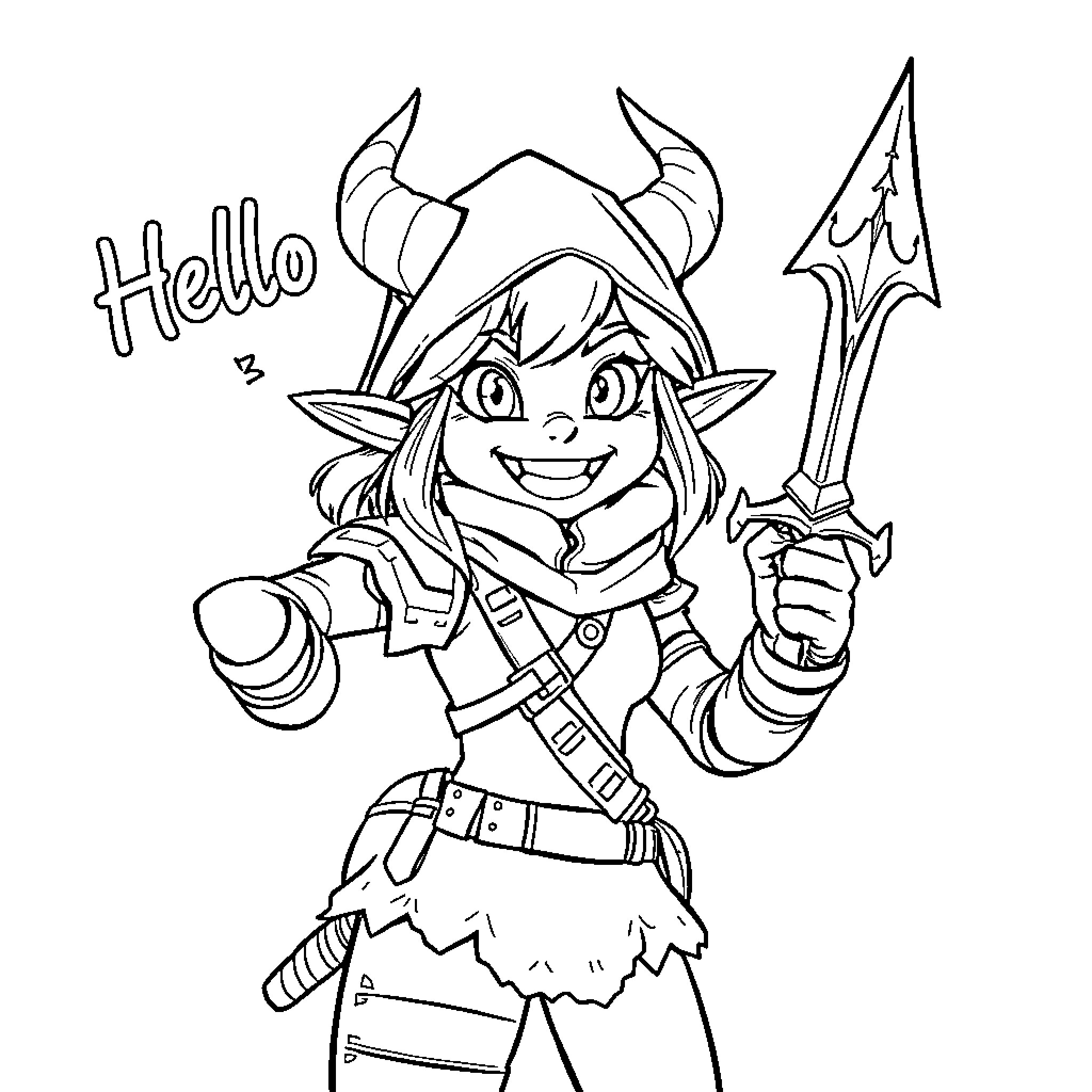 Zoë the Excited Warrior Greets You Coloring Page (free black-and-white line drawing printable PDF for all, from beginners to advanced learners, including children, teens, adults, and seniors)