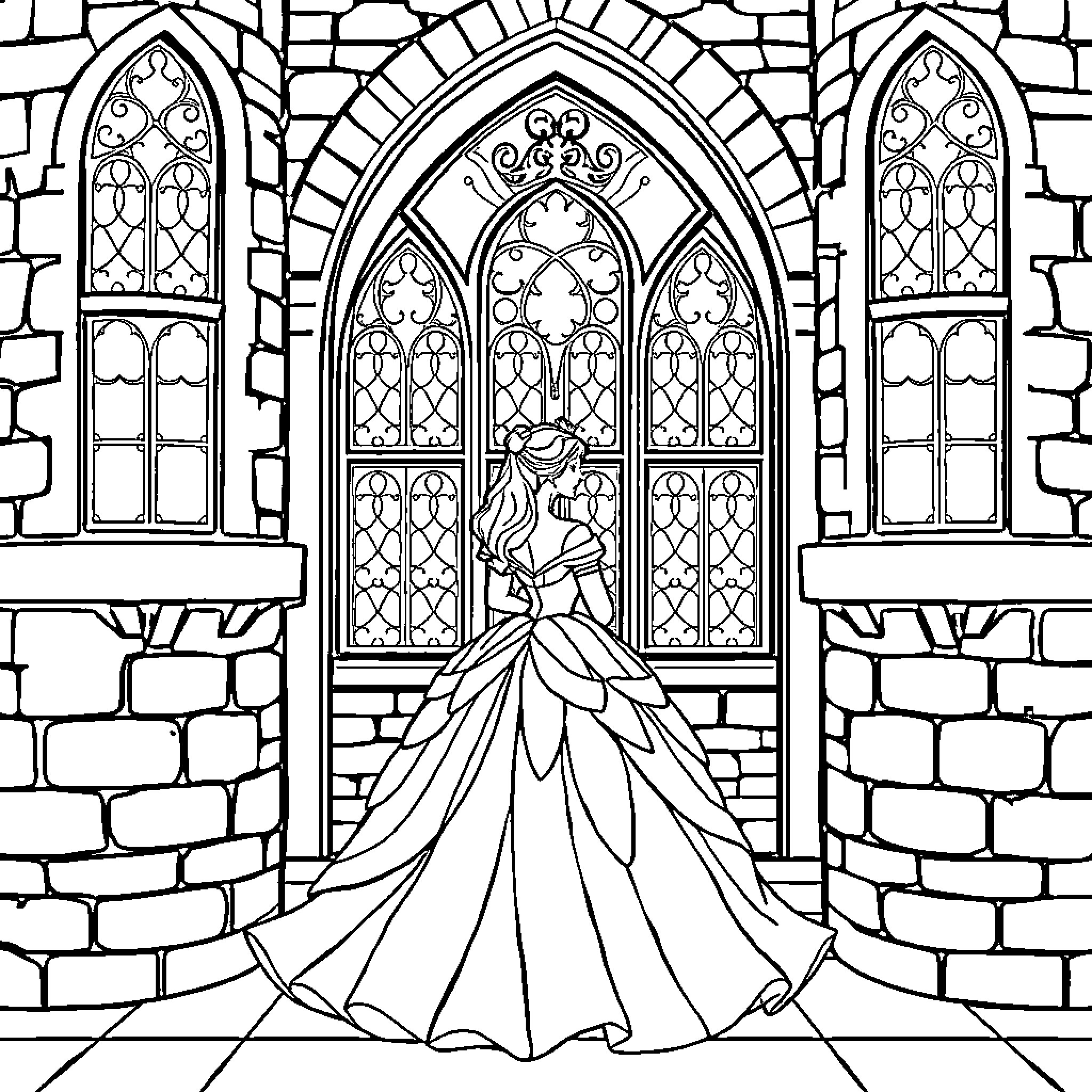 Princess in a grand castle with ornate windows Coloring Page (free black-and-white line drawing printable PDF for all, from beginners to advanced learners, including children, teens, adults, and seniors)