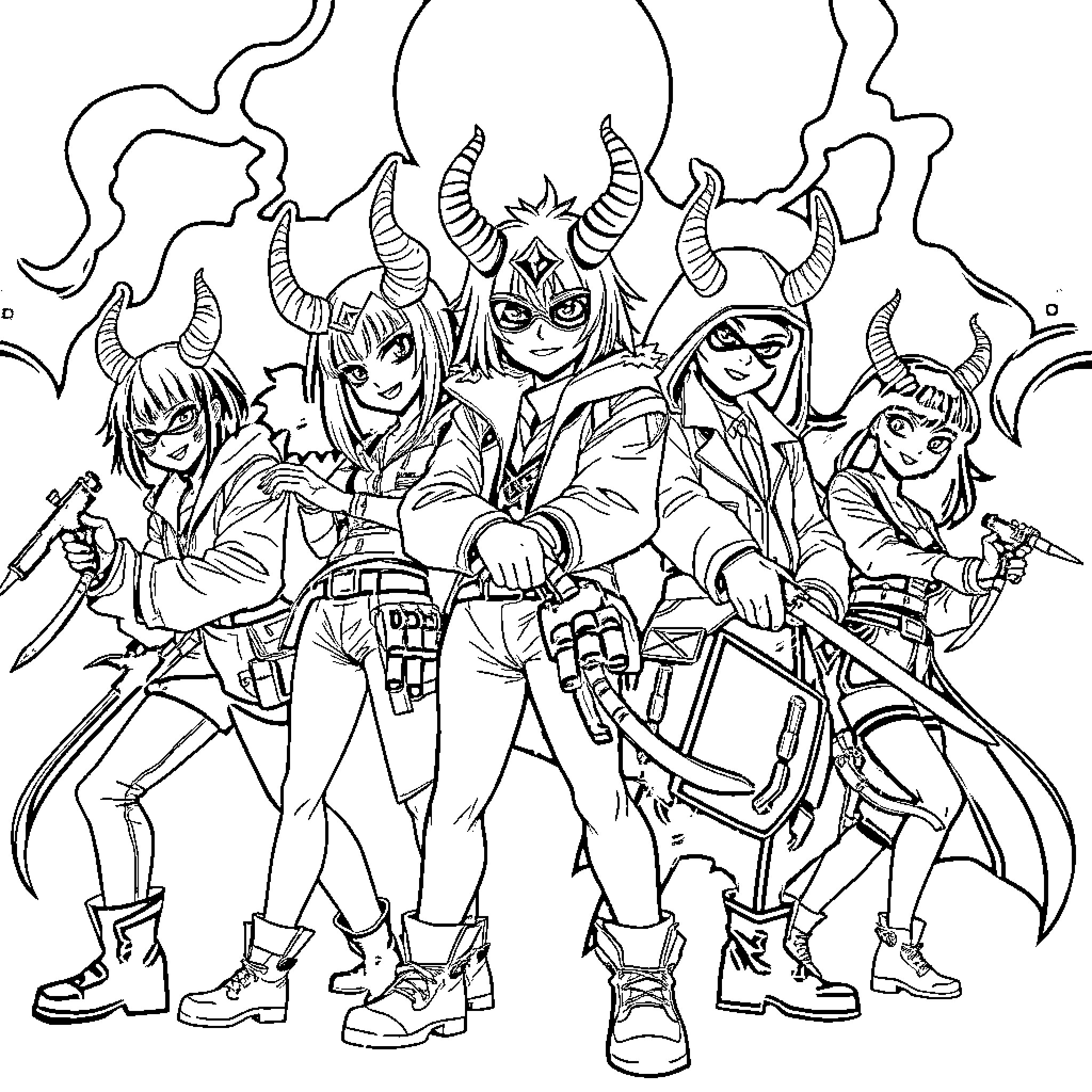 Demon Hunter Warriors in Battle Gear Coloring Page (free black-and-white line drawing printable PDF for all, from beginners to advanced learners, including children, teens, adults, and seniors)