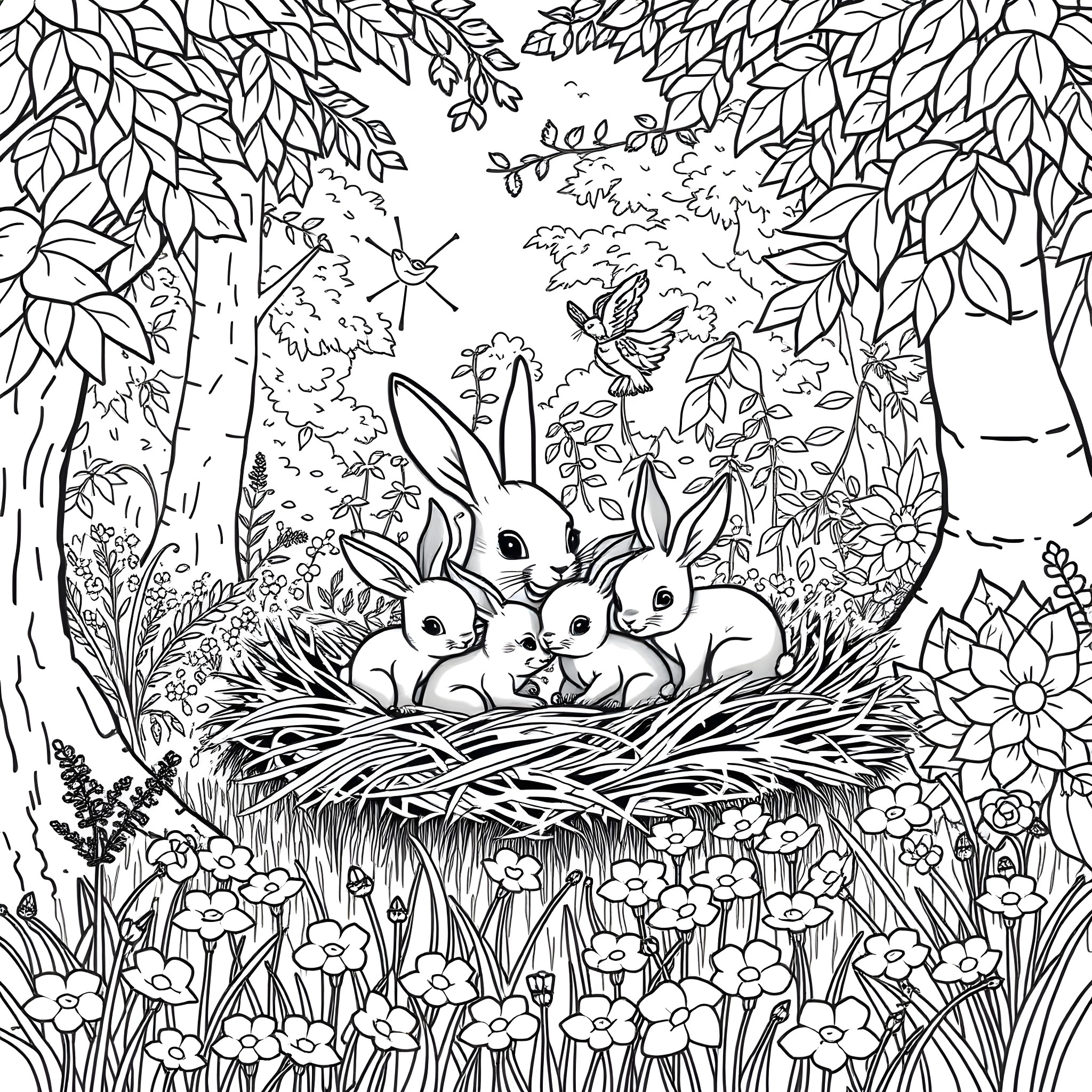 Rabbit family in the lush forest Coloring Page (free black-and-white line drawing printable PDF for all, from beginners to advanced learners, including children, teens, adults, and seniors)