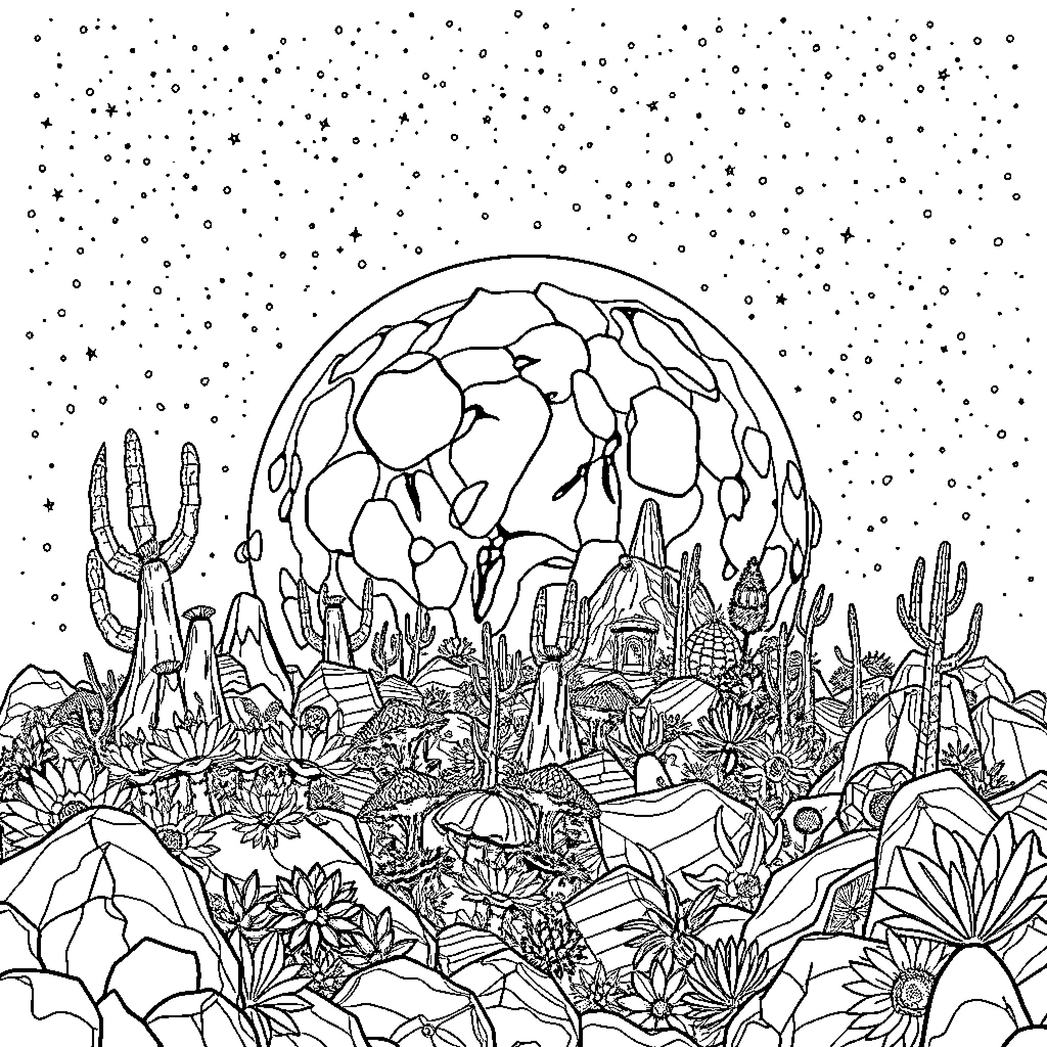 Planet of Enchanting Landscapes and Celestial Wonders Coloring Page (free black-and-white line drawing printable PDF for all, from beginners to advanced learners, including children, teens, adults, and seniors)