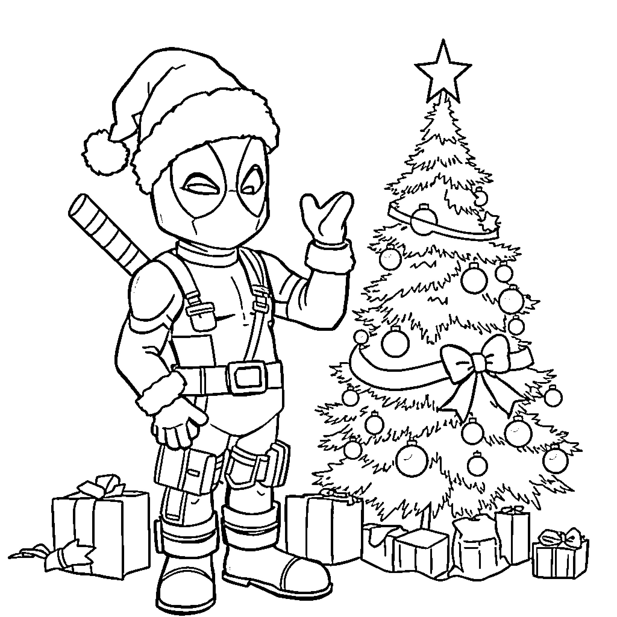 Deadpool Celebrating Christmas with Tree and Gifts Coloring Page (free black-and-white line drawing printable PDF for all, from beginners to advanced learners, including children, teens, adults, and seniors)