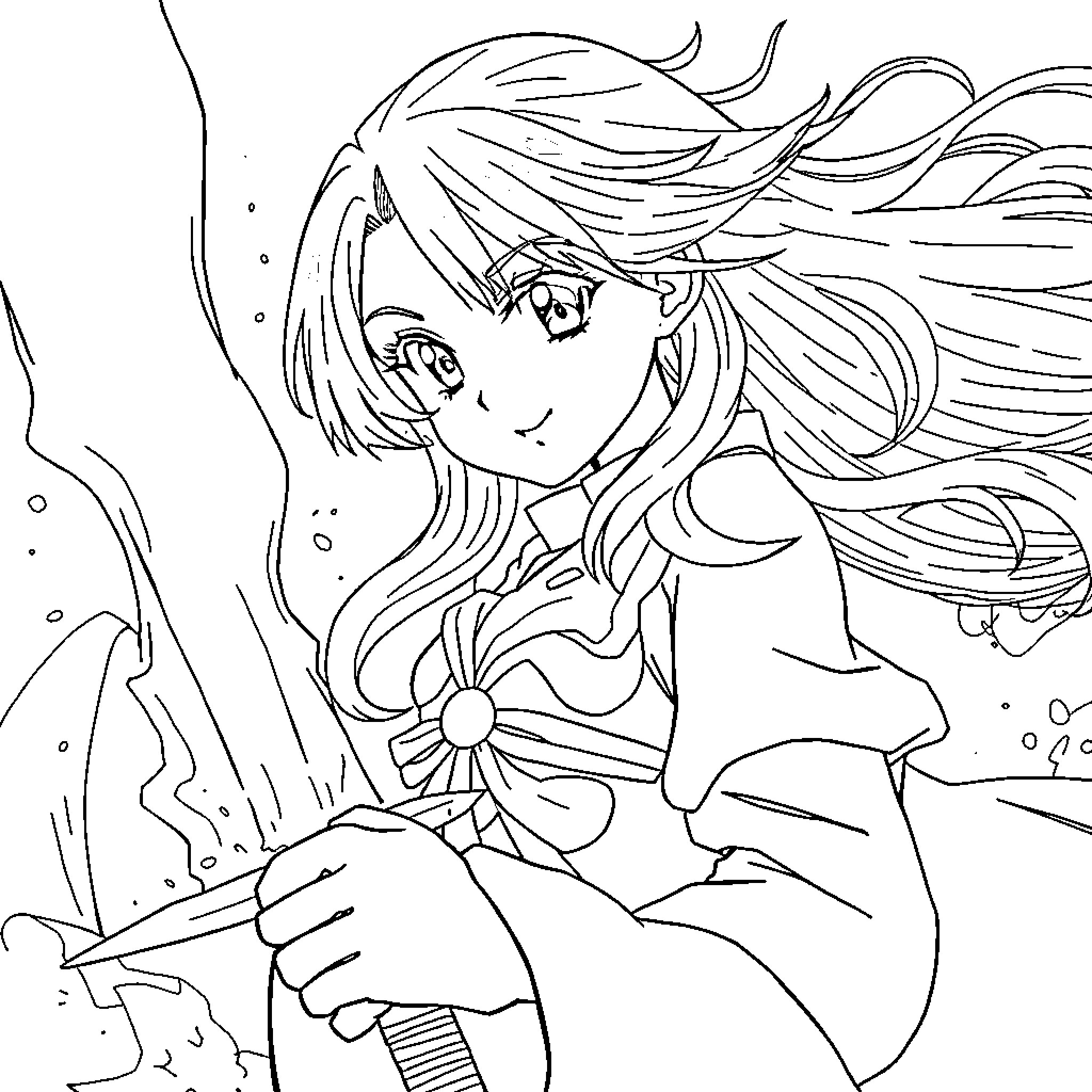 Shakugan no Shana: Fiery Determination and Flowing Hair Coloring Page (free black-and-white line drawing printable PDF for all, from beginners to advanced learners, including children, teens, adults, and seniors)