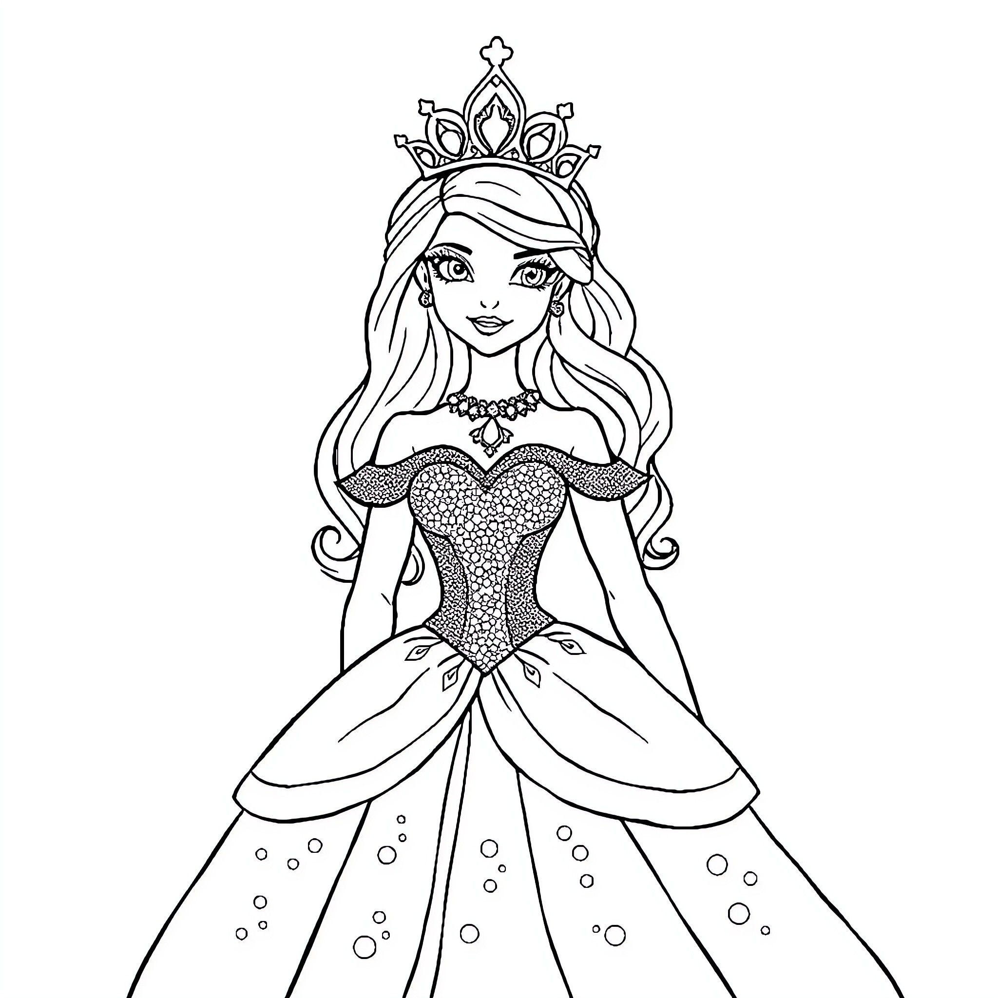 Princess in Elegant Gown and Crown Coloring Page (free black-and-white line drawing printable PDF for all, from beginners to advanced learners, including children, teens, adults, and seniors)
