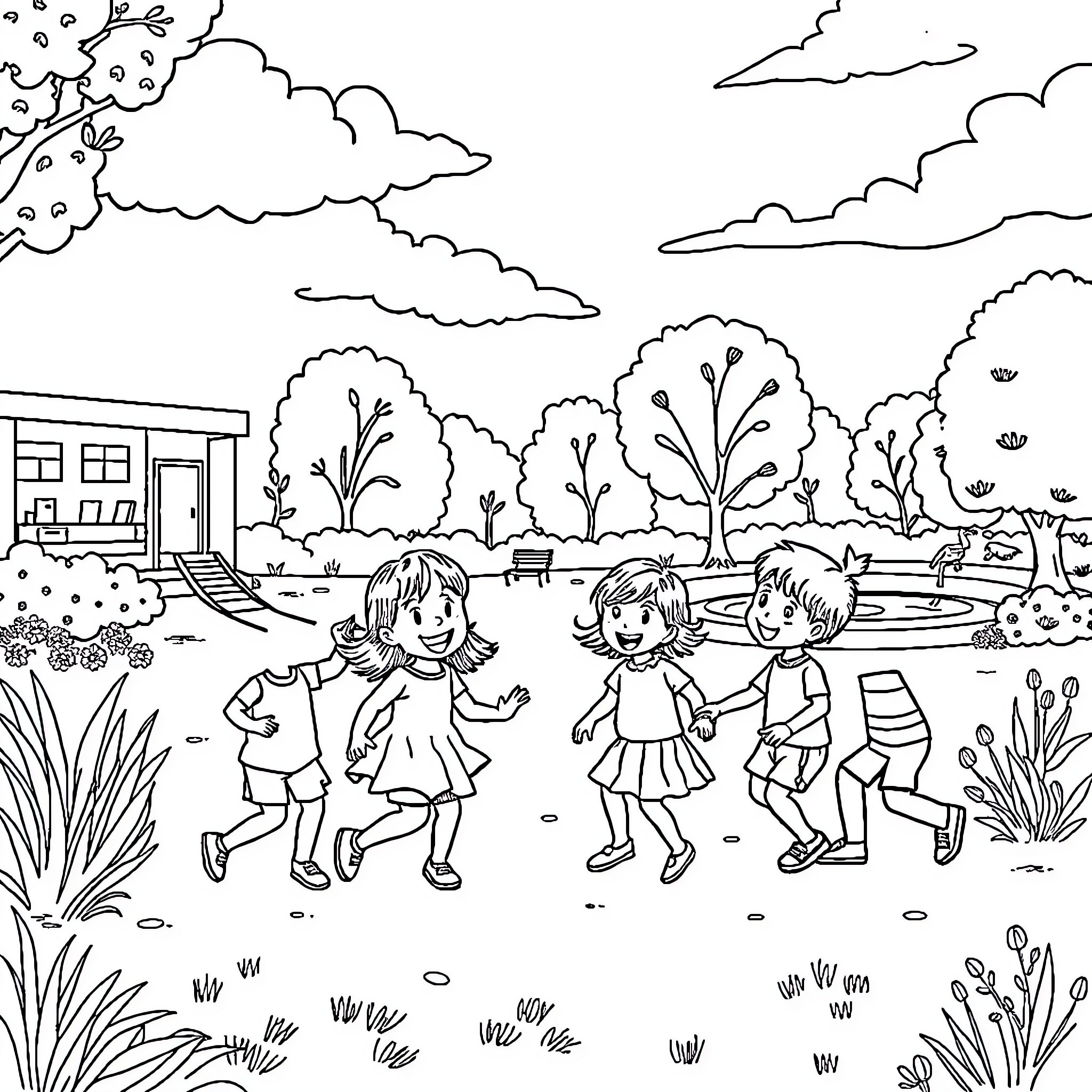 Niños jugando alegremente en el parque Coloring Page (free black-and-white line drawing printable PDF for all, from beginners to advanced learners, including children, teens, adults, and seniors)