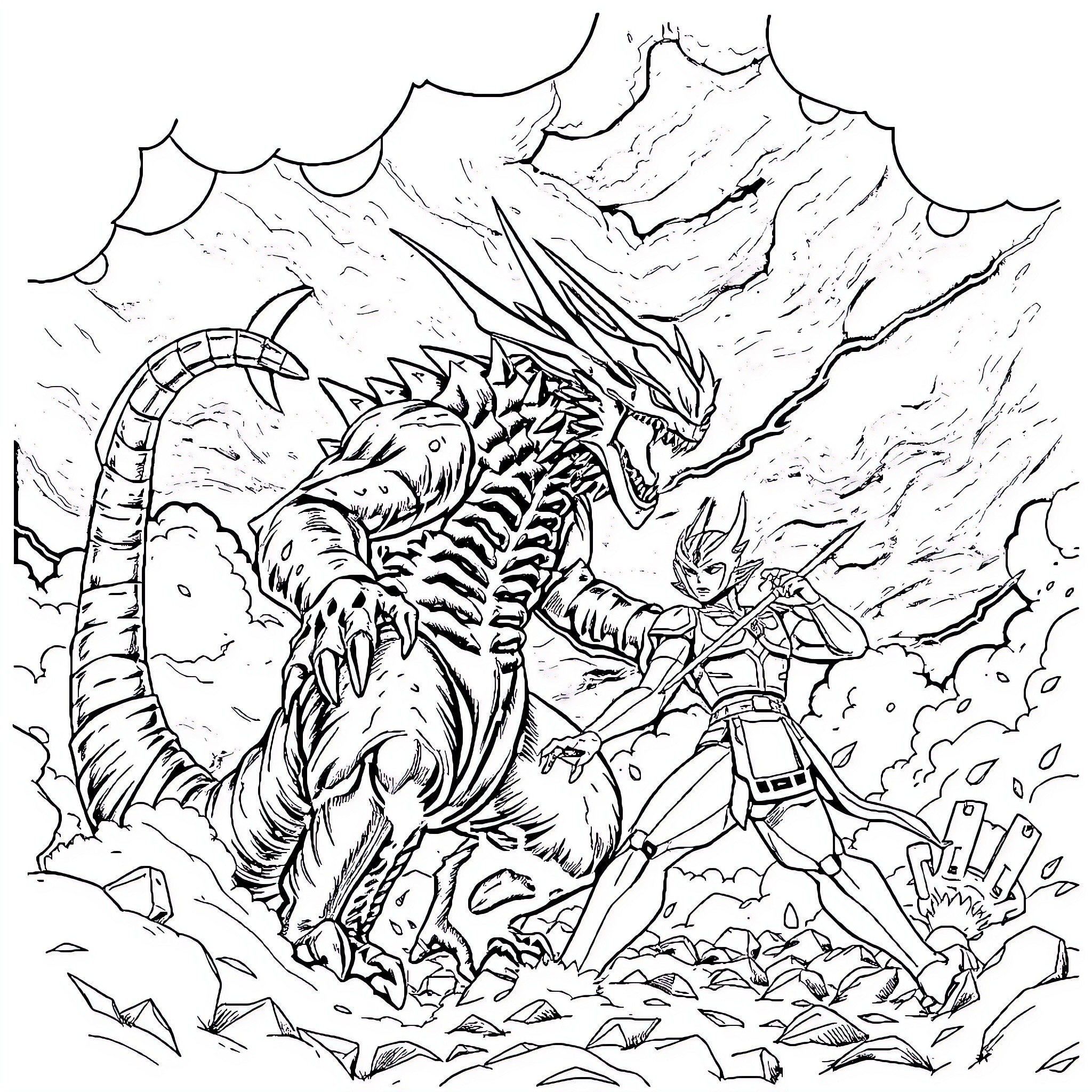 Monster dragon battle with knight in armored suit Coloring Page (free black-and-white line drawing printable PDF for all, from beginners to advanced learners, including children, teens, adults, and seniors)
