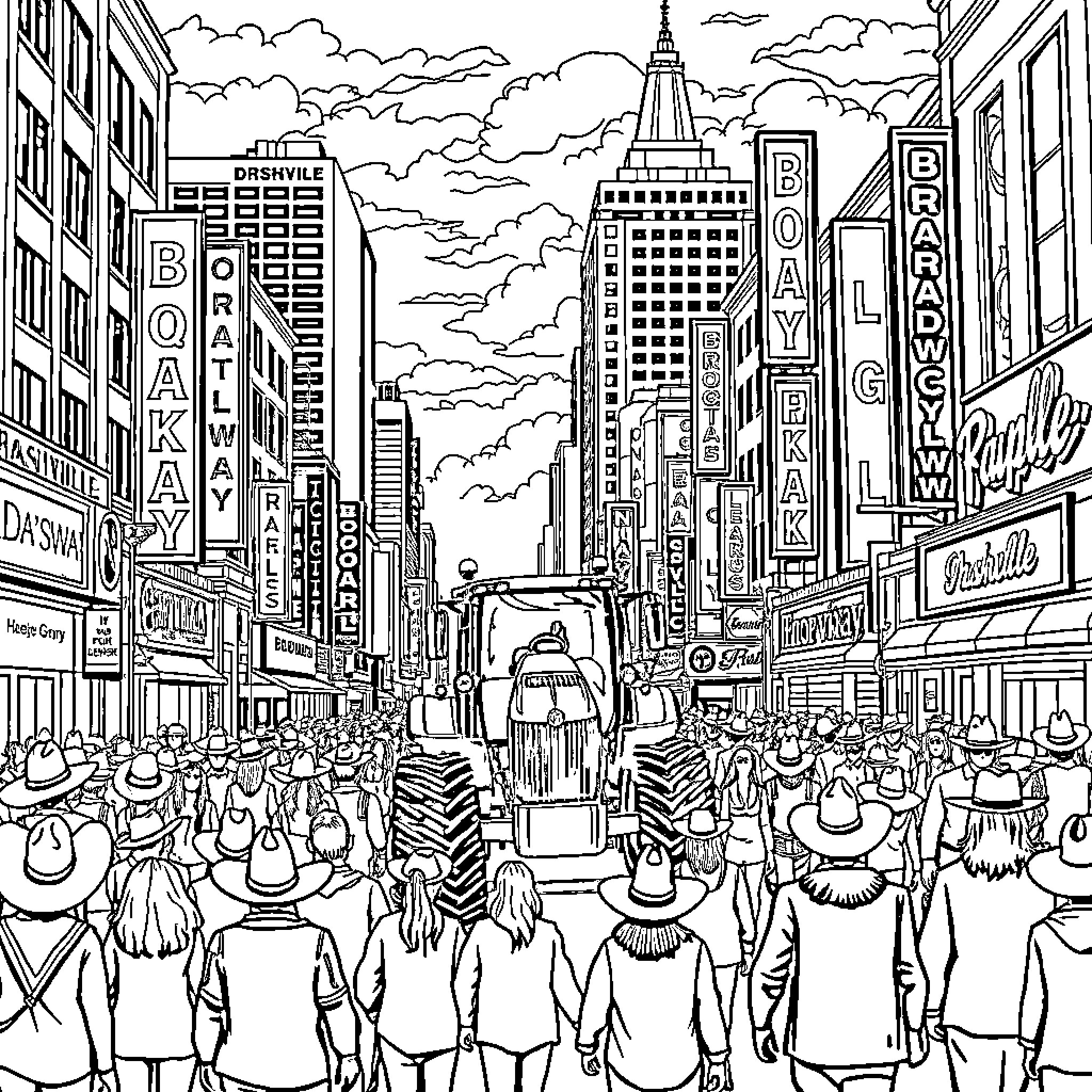 Nashville City Streets with Bustling Crowds and Iconic Sights Coloring Page (free black-and-white line drawing printable PDF for all, from beginners to advanced learners, including children, teens, adults, and seniors)