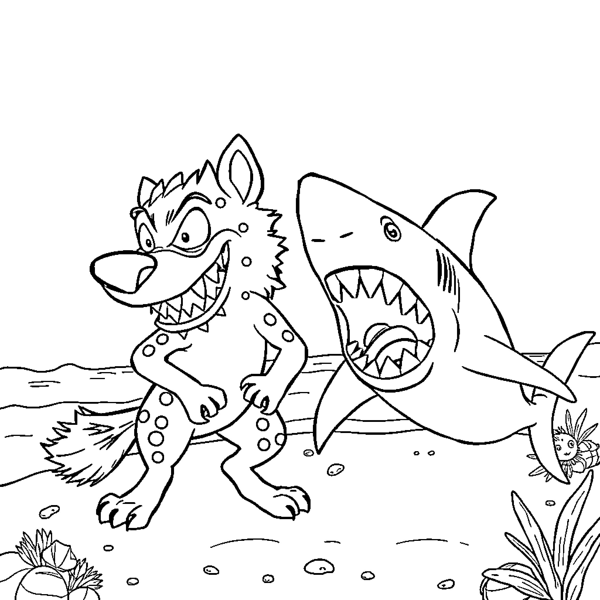 Zig & Sharko in an underwater adventure Coloring Page (free black-and-white line drawing printable PDF for all, from beginners to advanced learners, including children, teens, adults, and seniors)