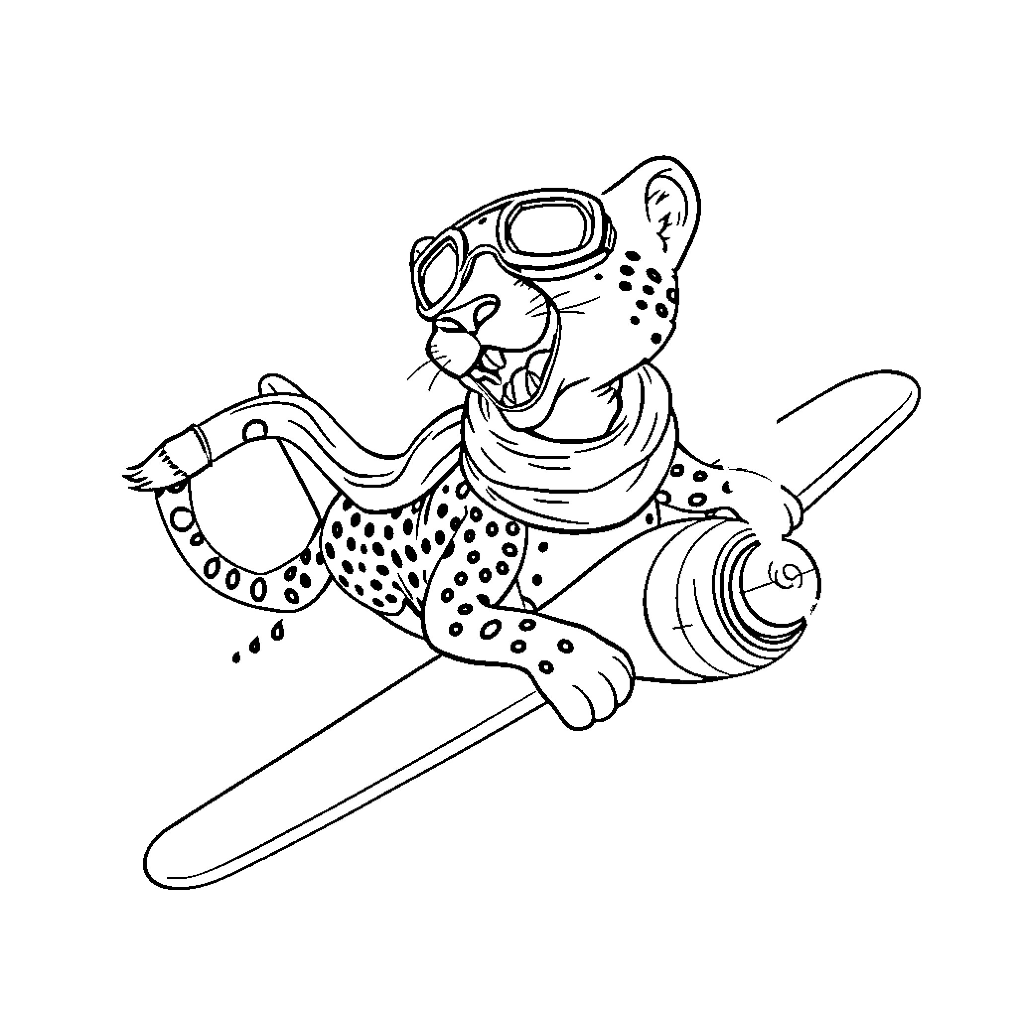 Cheetah riding snowboard down the slopes Coloring Page (free black-and-white line drawing printable PDF for all, from beginners to advanced learners, including children, teens, adults, and seniors)