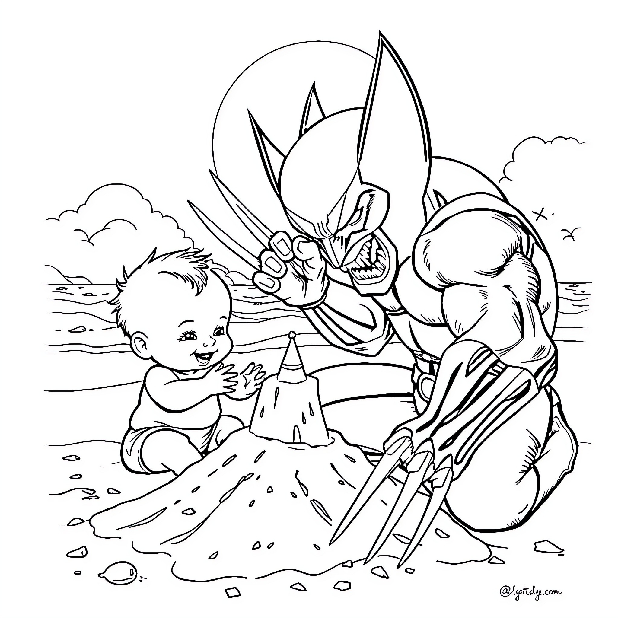 Wolverine teaches young child to build sandcastle Coloring Page (free black-and-white line drawing printable PDF for all, from beginners to advanced learners, including children, teens, adults, and seniors)