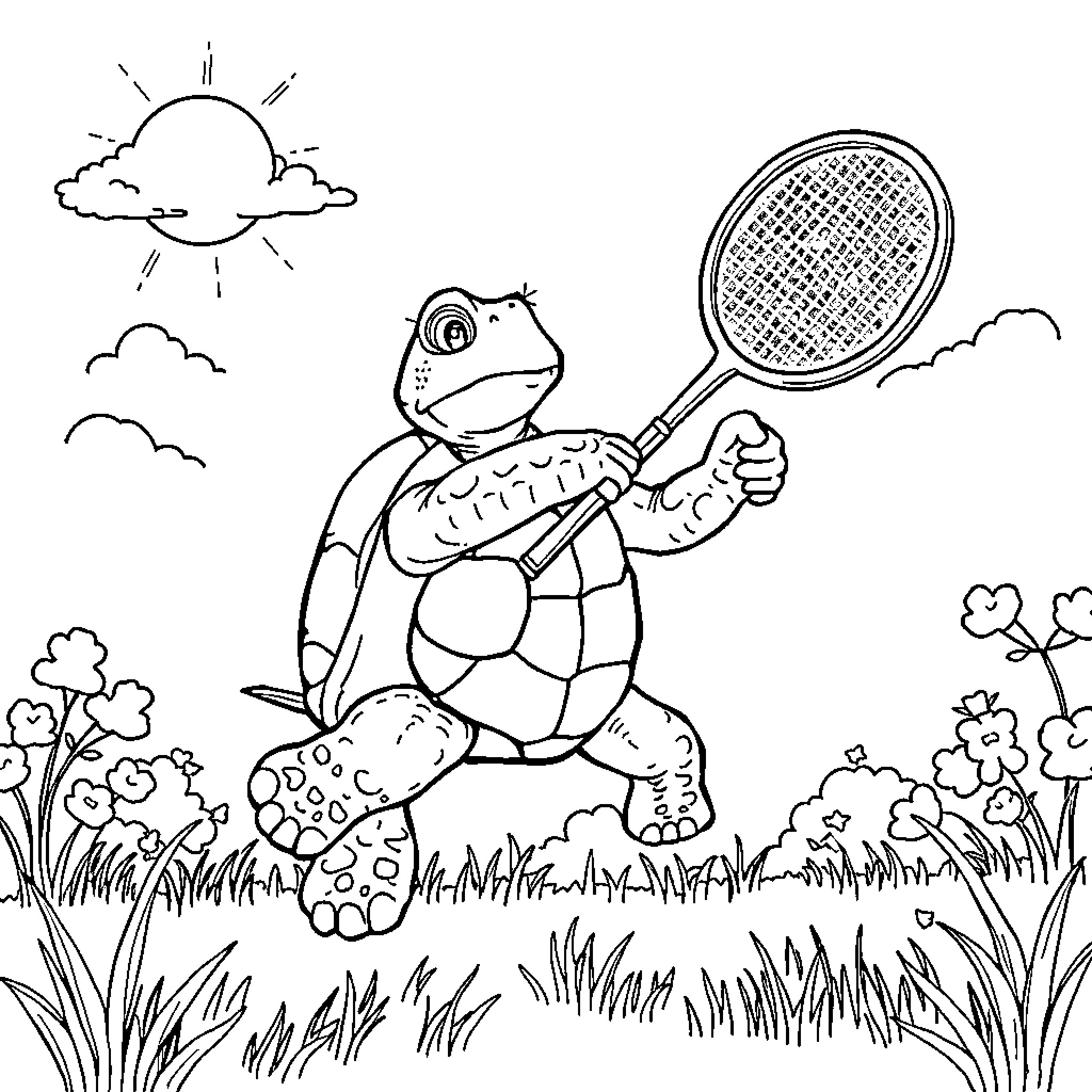 Turtle playing tennis in the sunny field Coloring Page (free black-and-white line drawing printable PDF for all, from beginners to advanced learners, including children, teens, adults, and seniors)