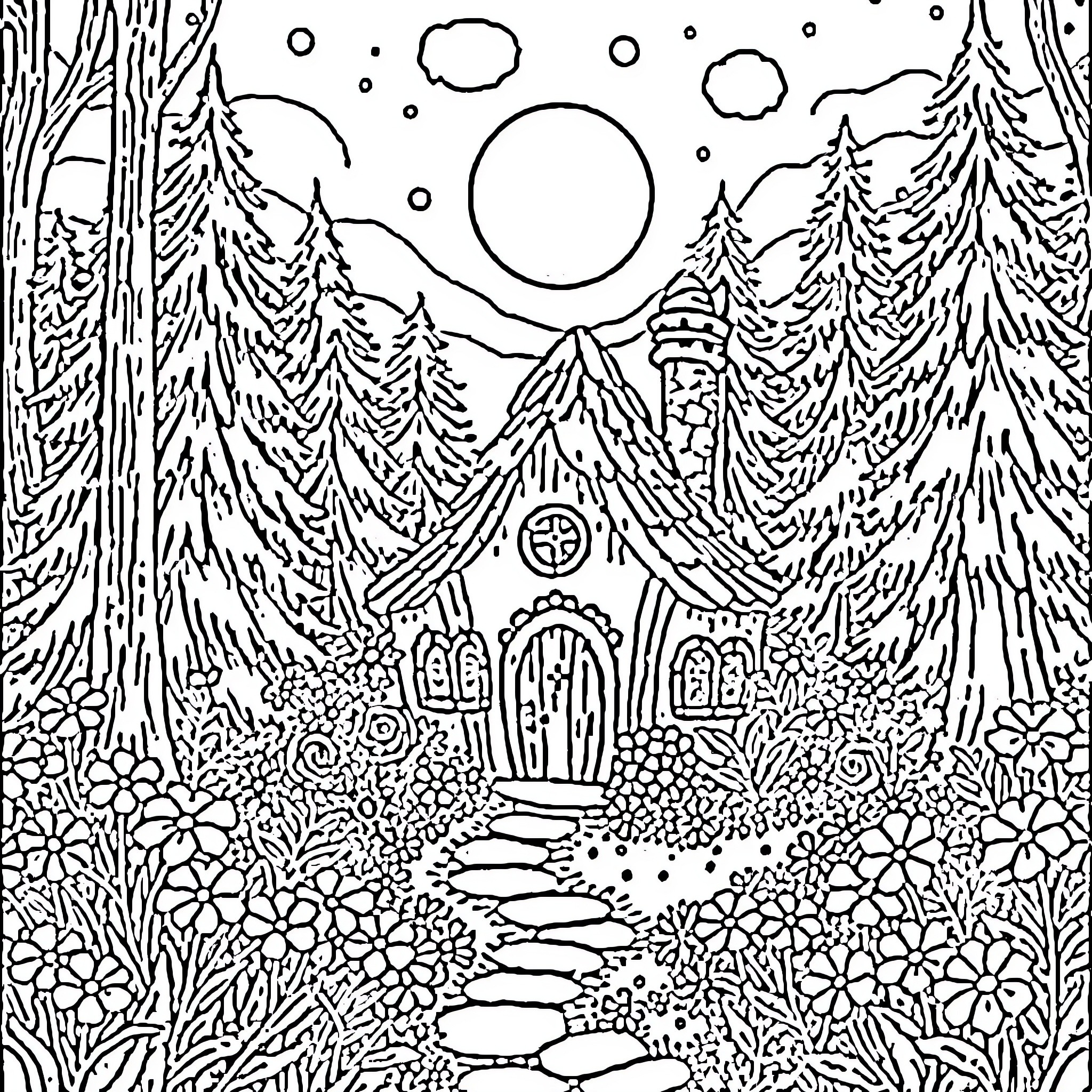 Fairy House in a Whimsical Winter Wonderland Coloring Page (free black-and-white line drawing printable PDF for all, from beginners to advanced learners, including children, teens, adults, and seniors)