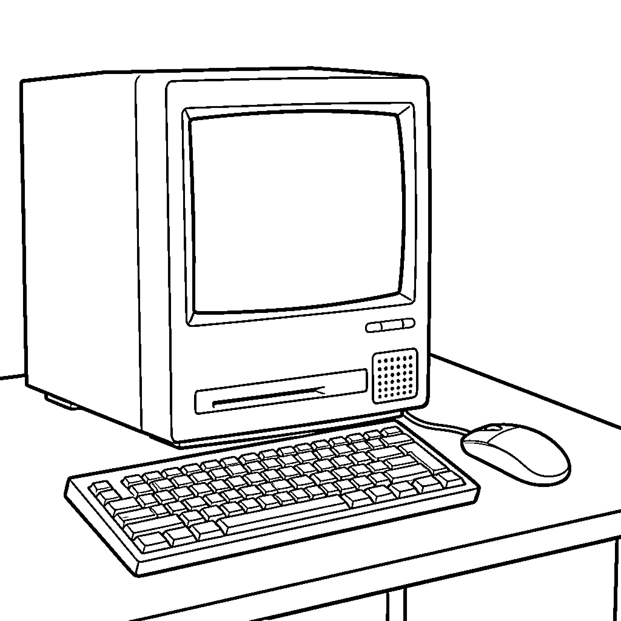 PC setup with monitor, keyboard, and mouse on desk Coloring Page (free black-and-white line drawing printable PDF for all, from beginners to advanced learners, including children, teens, adults, and seniors)