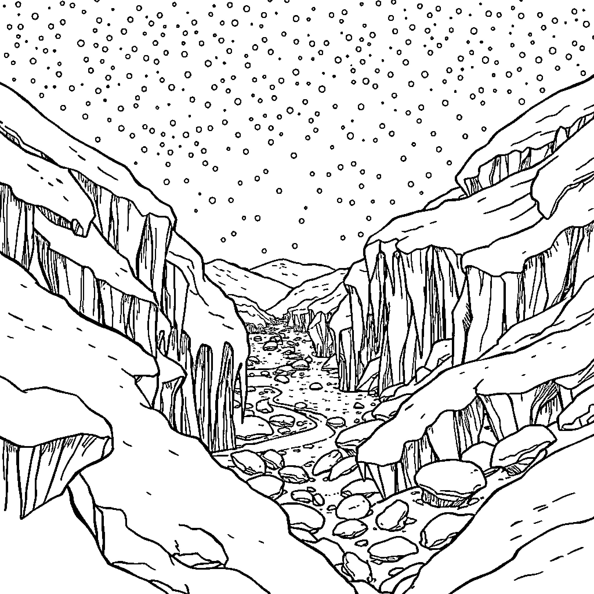 Frozen Snowy Landscape with Icy Cliffs and Peaks Coloring Page (free black-and-white line drawing printable PDF for all, from beginners to advanced learners, including children, teens, adults, and seniors)