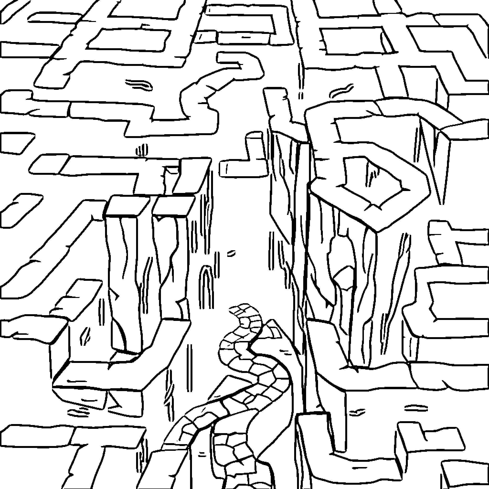 Labyrinth of Twisting Paths and Winding Tunnels Coloring Page (free black-and-white line drawing printable PDF for all, from beginners to advanced learners, including children, teens, adults, and seniors)