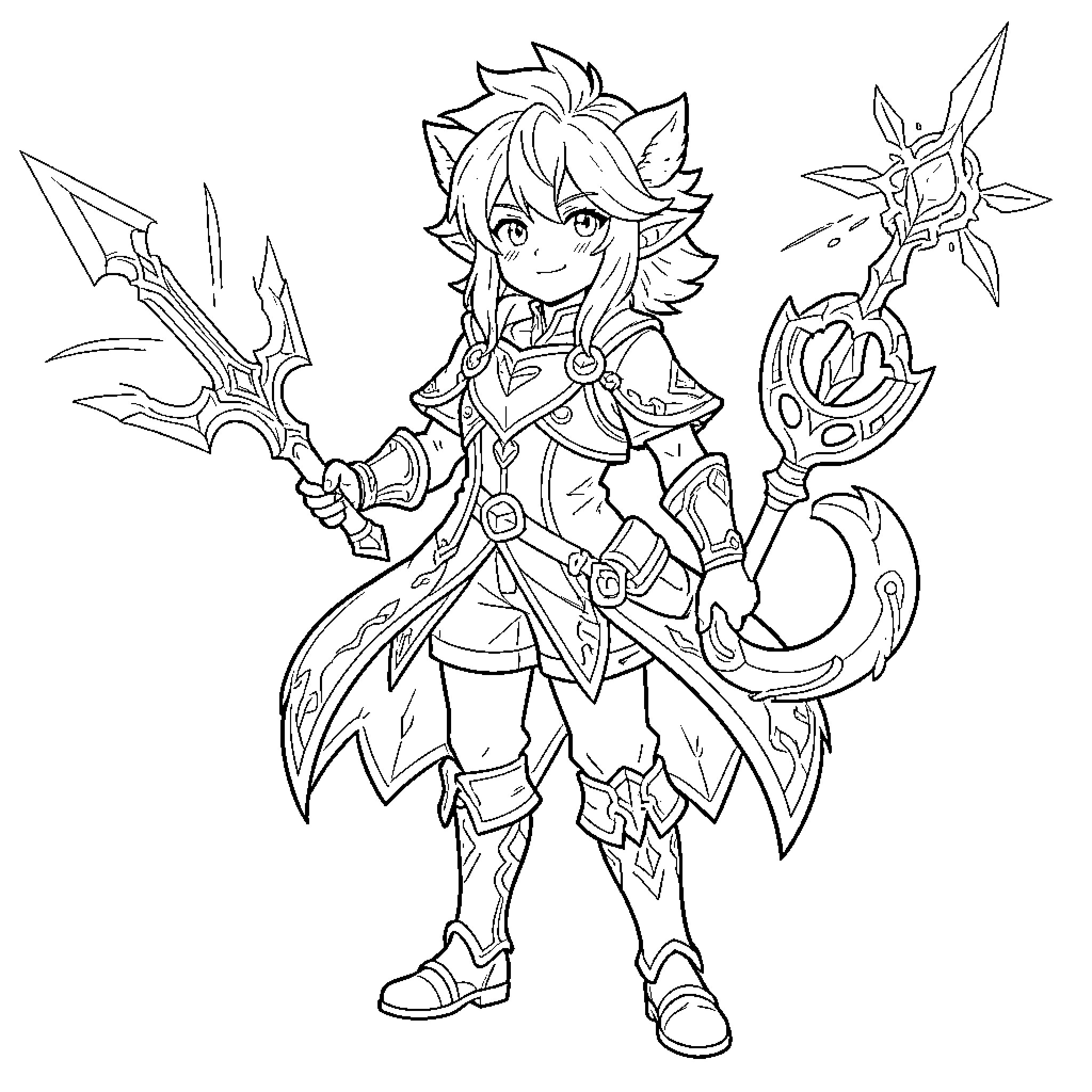 Kinich wielding a large spear and magical staff Coloring Page (free black-and-white line drawing printable PDF for all, from beginners to advanced learners, including children, teens, adults, and seniors)