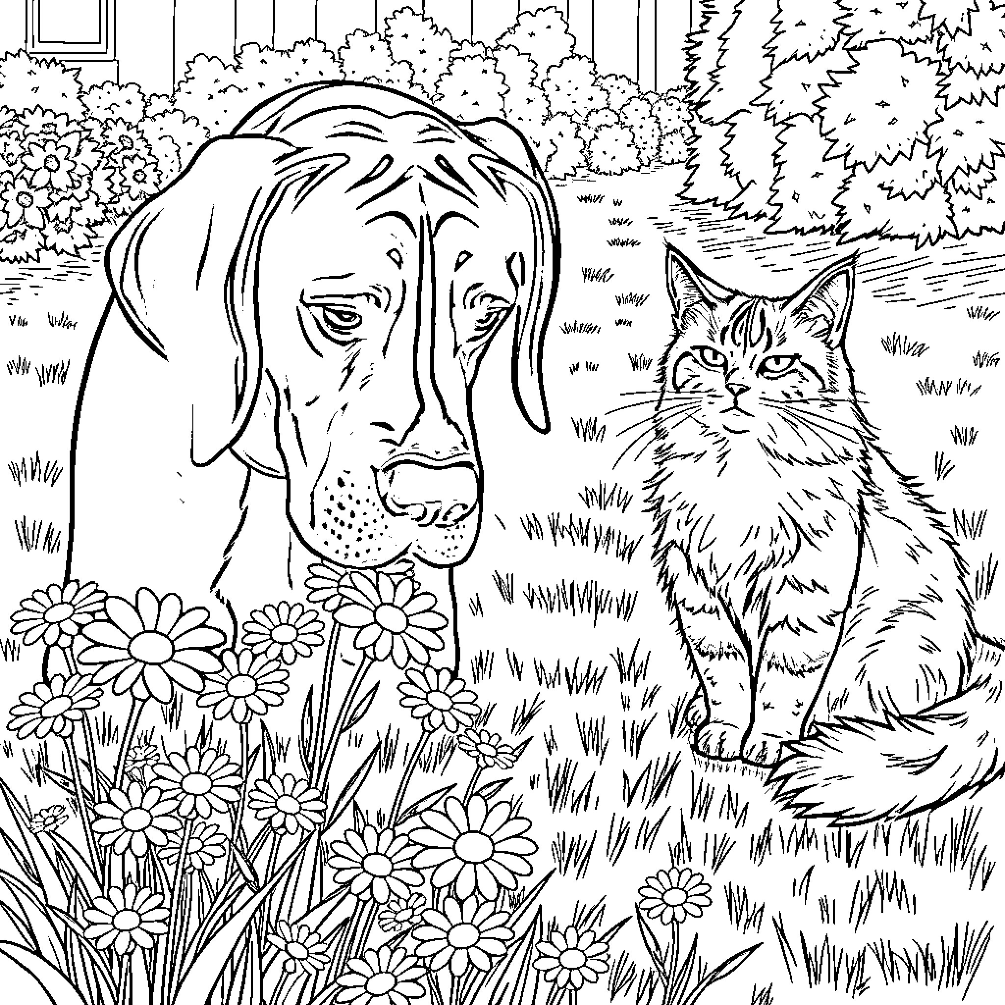 Great Dane and Cat in Garden with Flowers Coloring Page (free black-and-white line drawing printable PDF for all, from beginners to advanced learners, including children, teens, adults, and seniors)