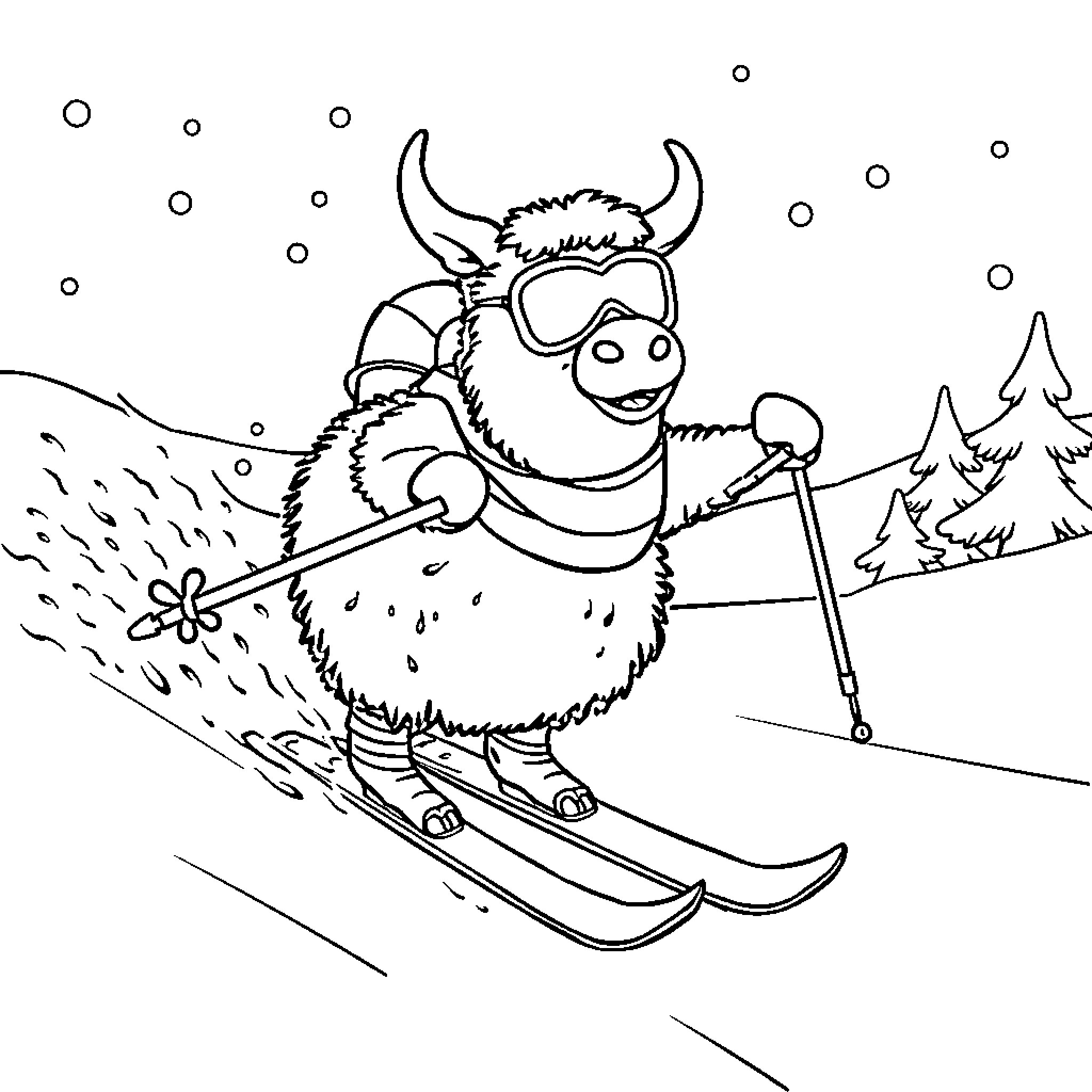 Cow skiing down the slopes with winter gear Coloring Page (free black-and-white line drawing printable PDF for all, from beginners to advanced learners, including children, teens, adults, and seniors)