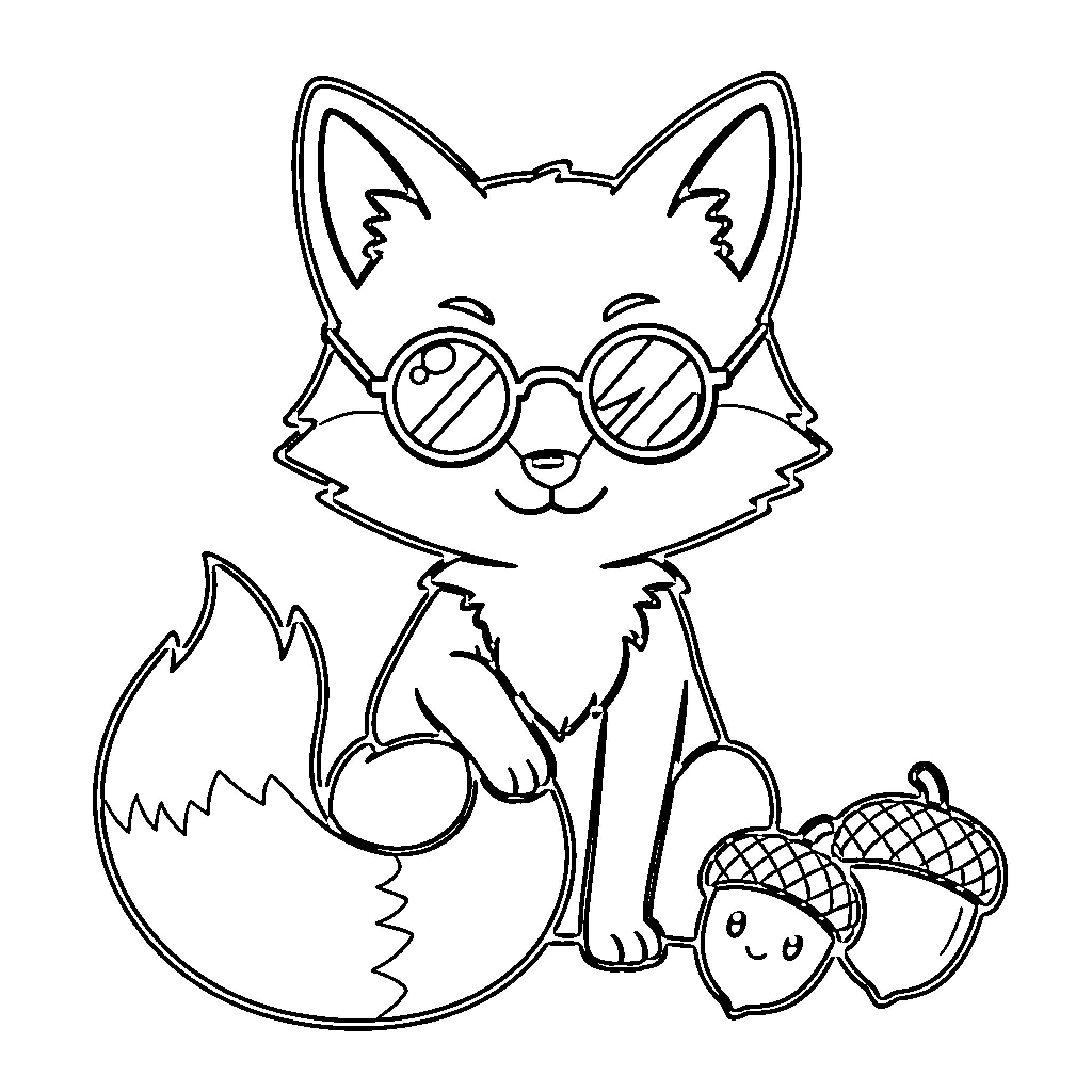Fox wearing sunglasses and playing with acorns Coloring Page (free black-and-white line drawing printable PDF for all, from beginners to advanced learners, including children, teens, adults, and seniors)