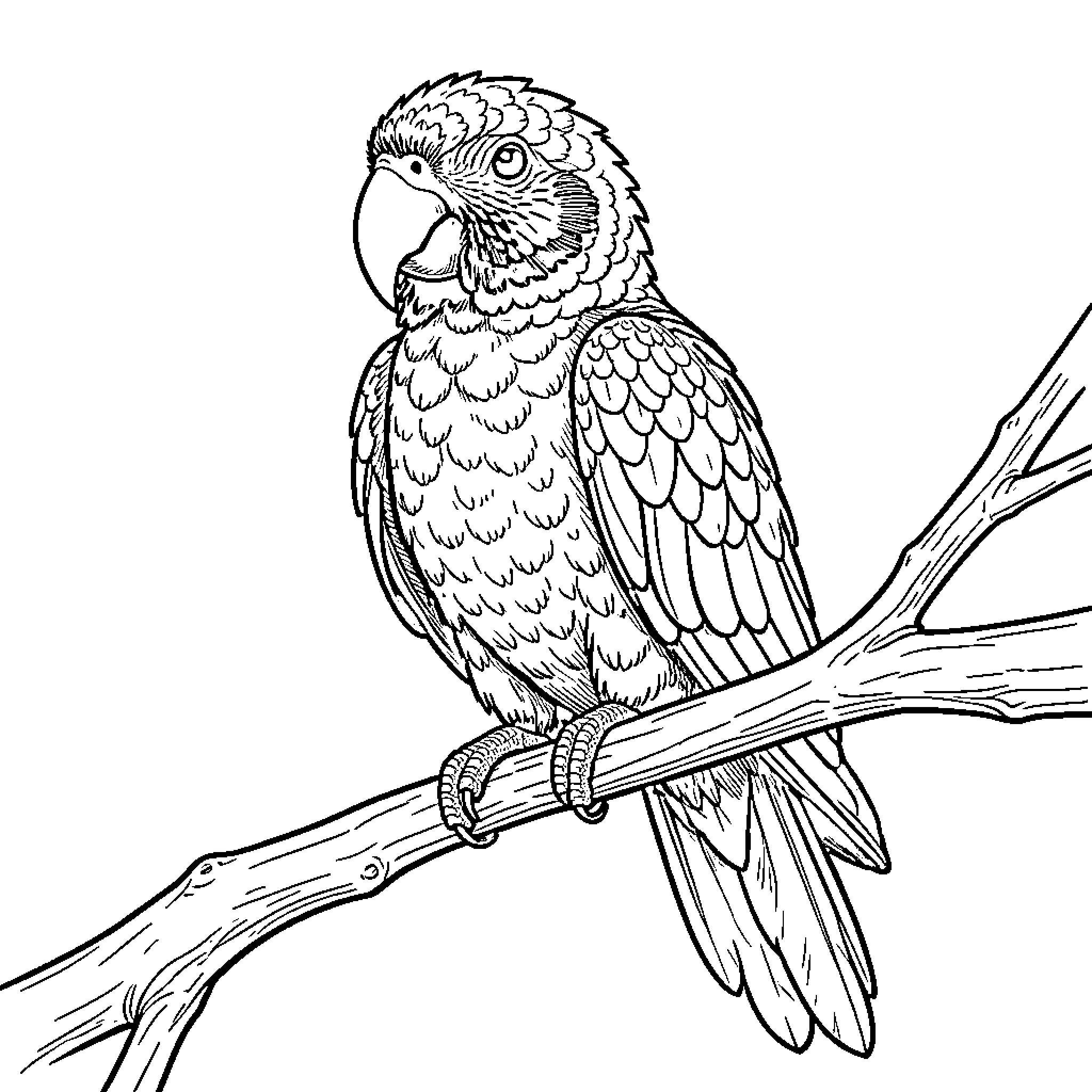 Amazônia Parrot perched on a tree branch Coloring Page (free black-and-white line drawing printable PDF for all, from beginners to advanced learners, including children, teens, adults, and seniors)