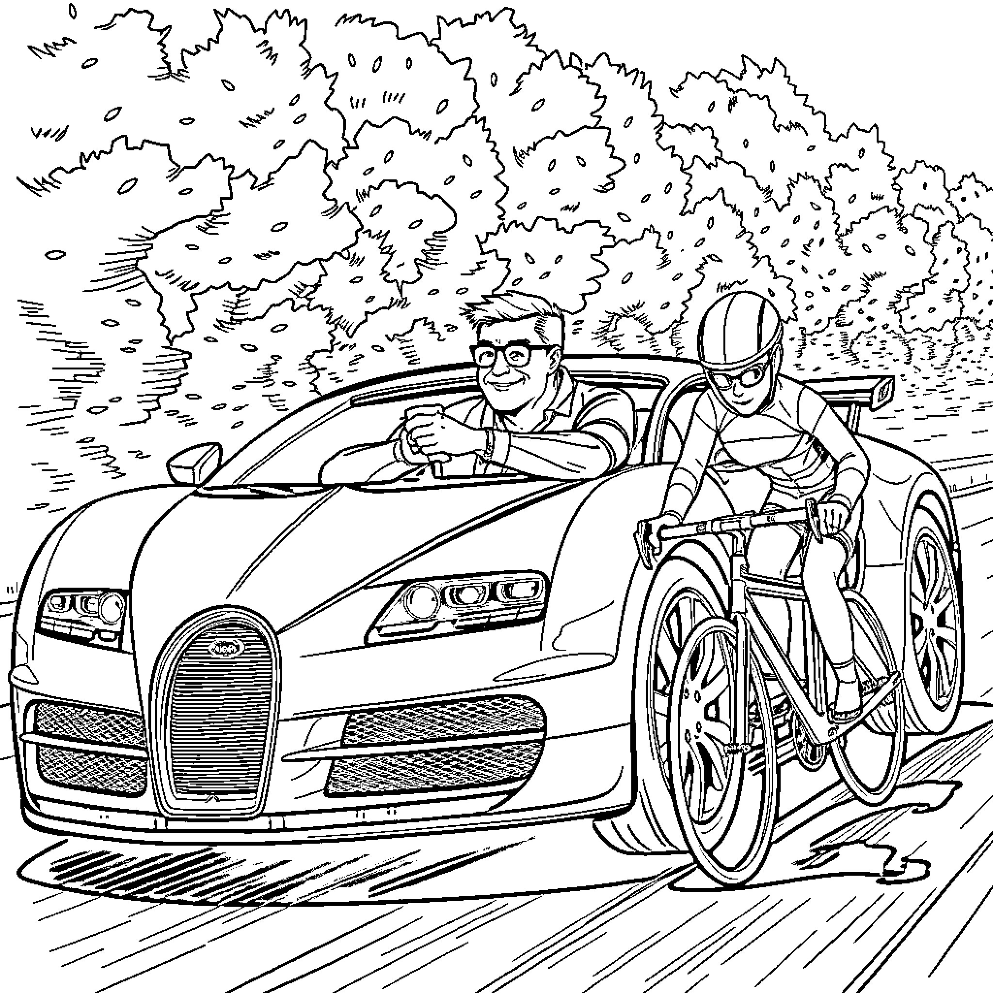 Andrew Tate riding a Bugatti with a person on a motorcycle Coloring Page (free black-and-white line drawing printable PDF for all, from beginners to advanced learners, including children, teens, adults, and seniors)
