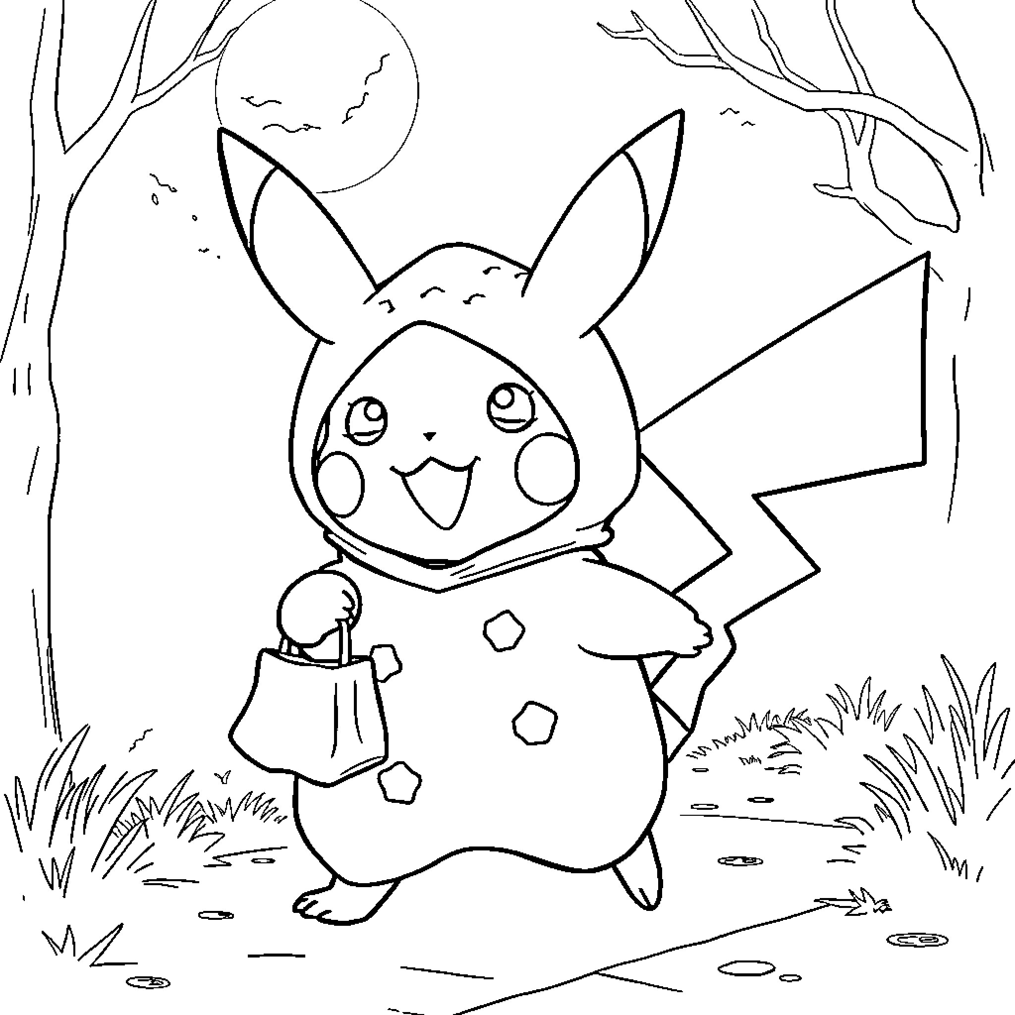 Pikachu wandering in a magical moonlit forest Coloring Page (free black-and-white line drawing printable PDF for all, from beginners to advanced learners, including children, teens, adults, and seniors)