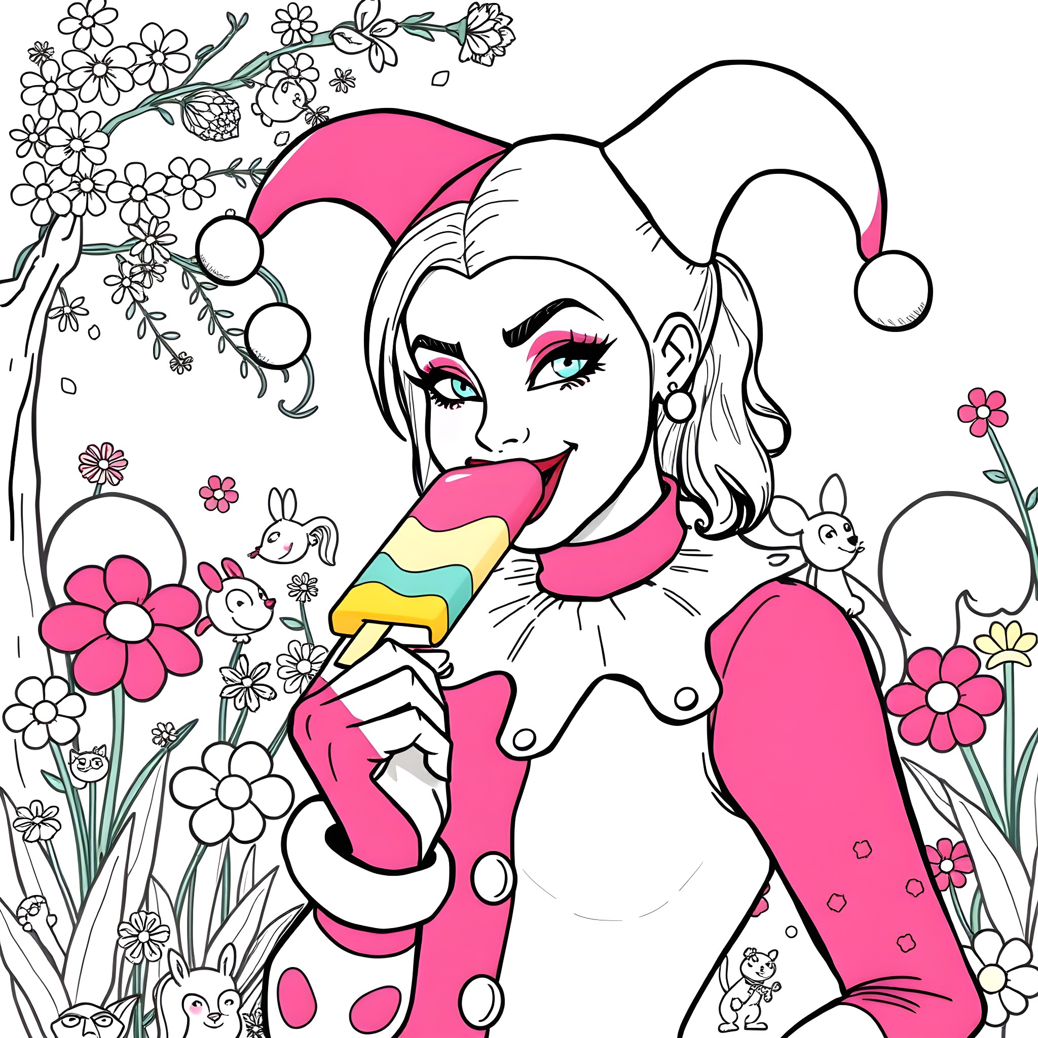 Harley Quinn enjoying a snowy day with flowers and friends Coloring Page (free black-and-white line drawing printable PDF for all, from beginners to advanced learners, including children, teens, adults, and seniors)
