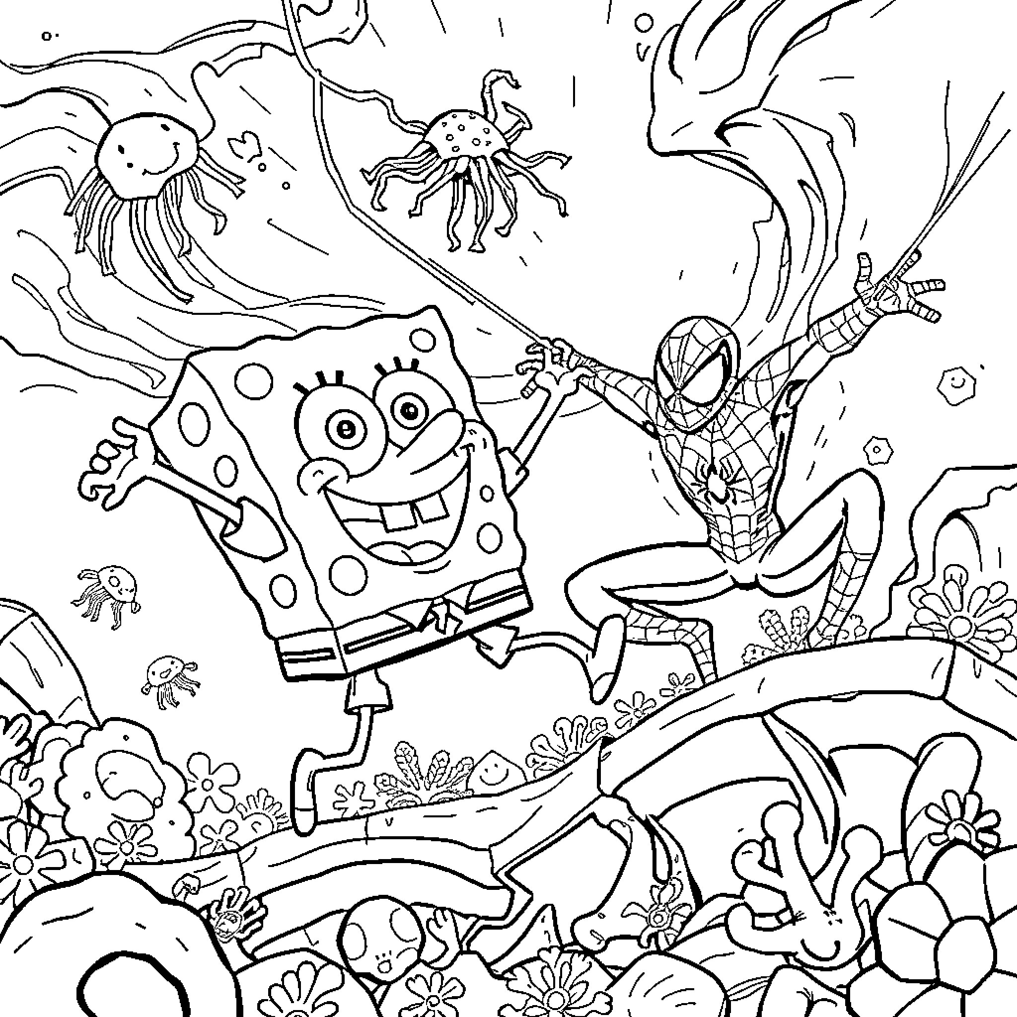 Spongebob and Spiderman in a whimsical underwater adventure Coloring Page (free black-and-white line drawing printable PDF for all, from beginners to advanced learners, including children, teens, adults, and seniors)