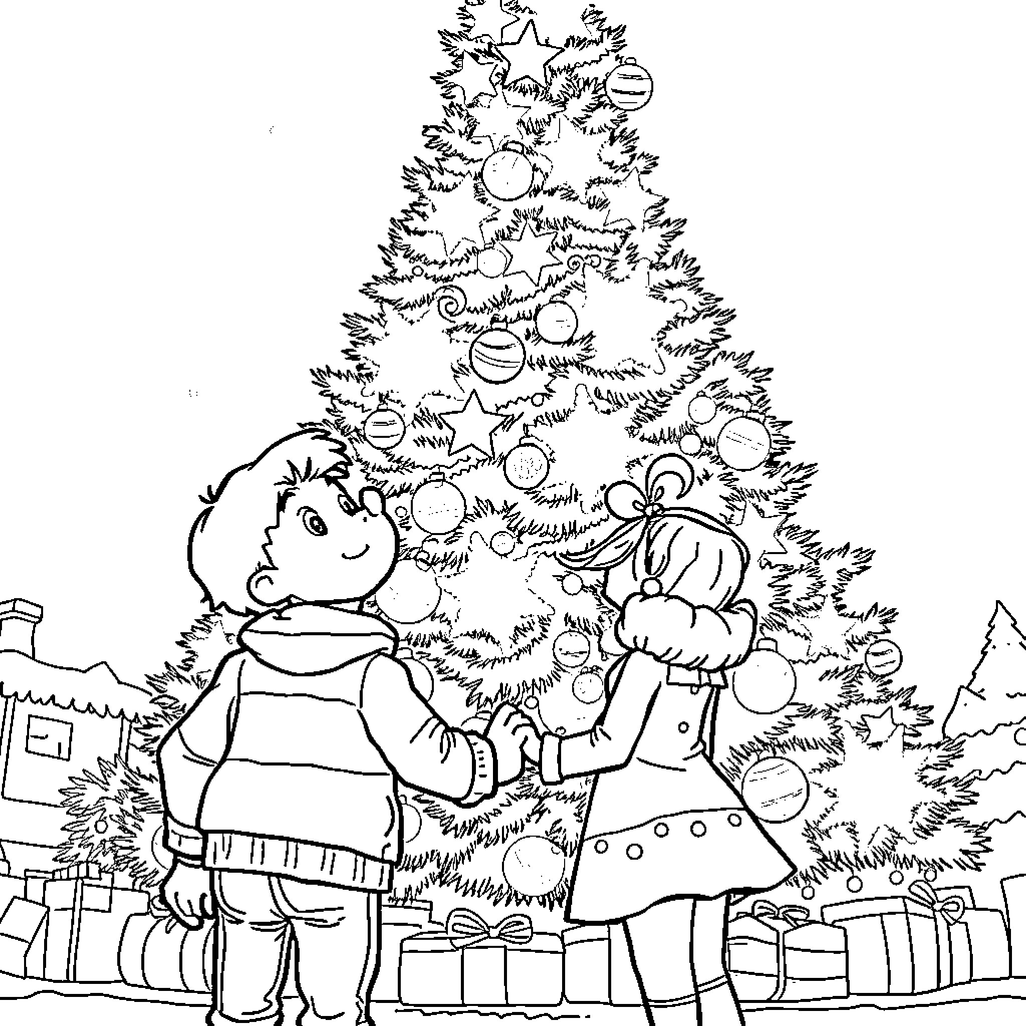 Johnny and Carly decorating the Christmas tree Coloring Page (free black-and-white line drawing printable PDF for all, from beginners to advanced learners, including children, teens, adults, and seniors)