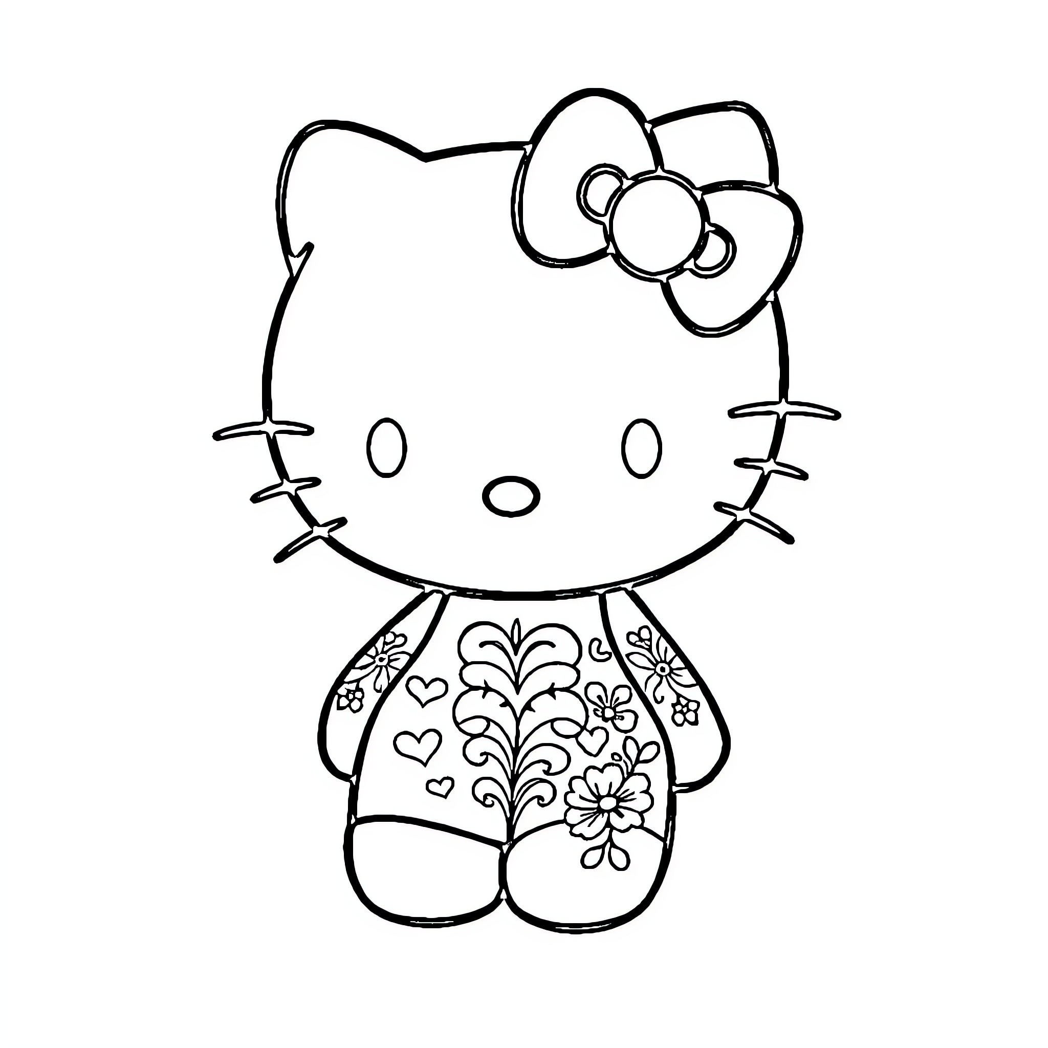 Hello Kitty with floral pattern outfit Coloring Page (free black-and-white line drawing printable PDF for all, from beginners to advanced learners, including children, teens, adults, and seniors)