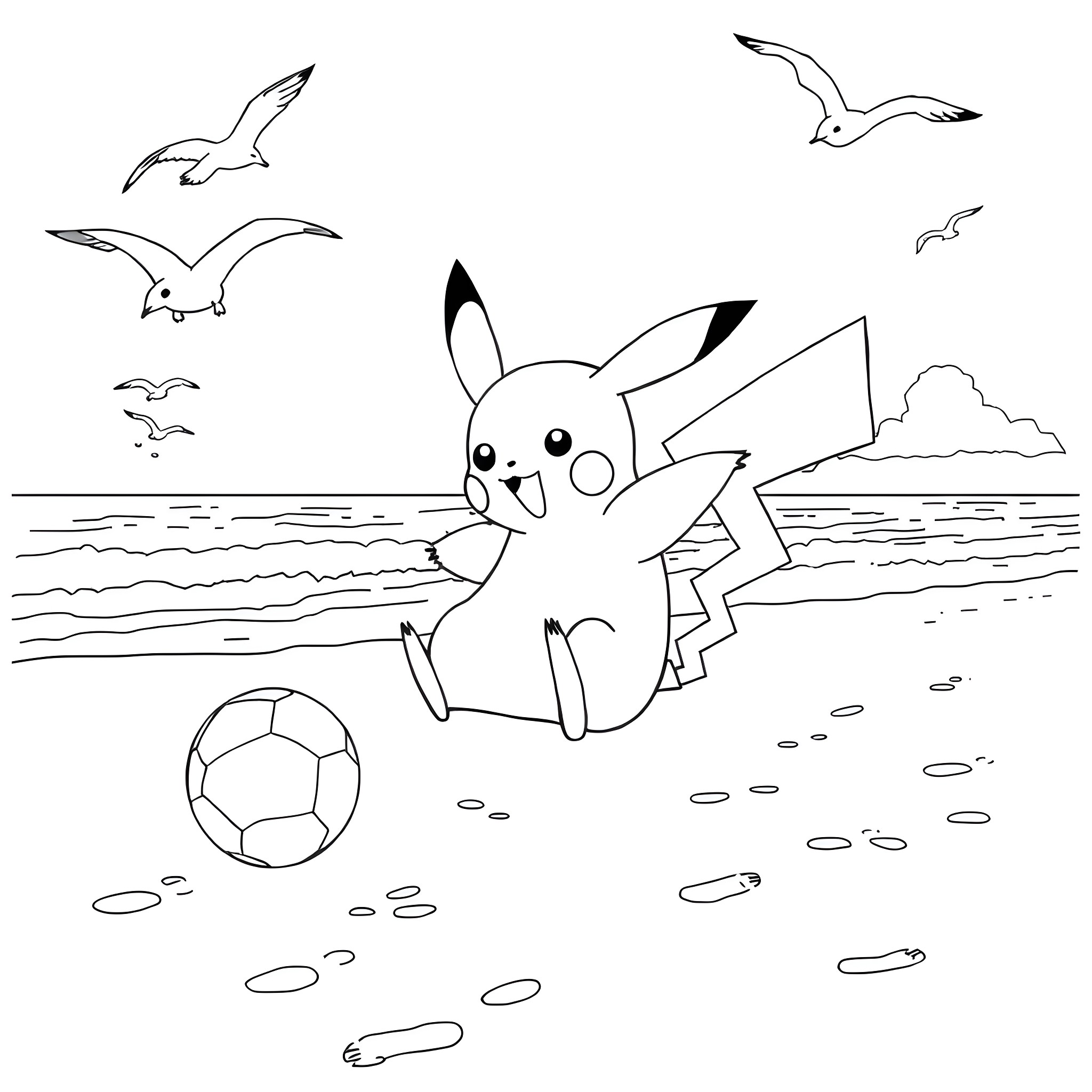 Pikachu playing with a soccer ball on the beach Coloring Page (free black-and-white line drawing printable PDF for all, from beginners to advanced learners, including children, teens, adults, and seniors)