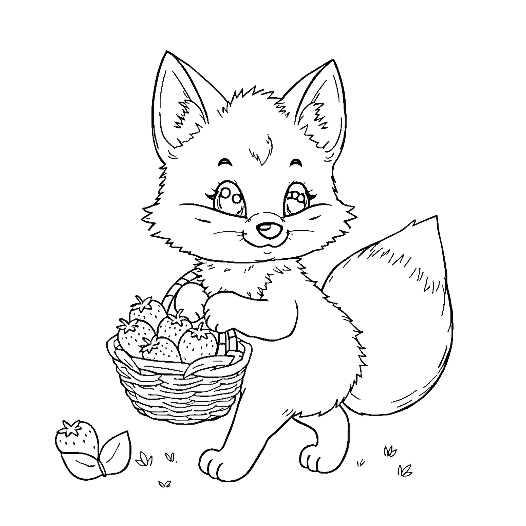 Fox carrying a basket of berries Coloring Page (free black-and-white line drawing printable PDF for all, from beginners to advanced learners, including children, teens, adults, and seniors)