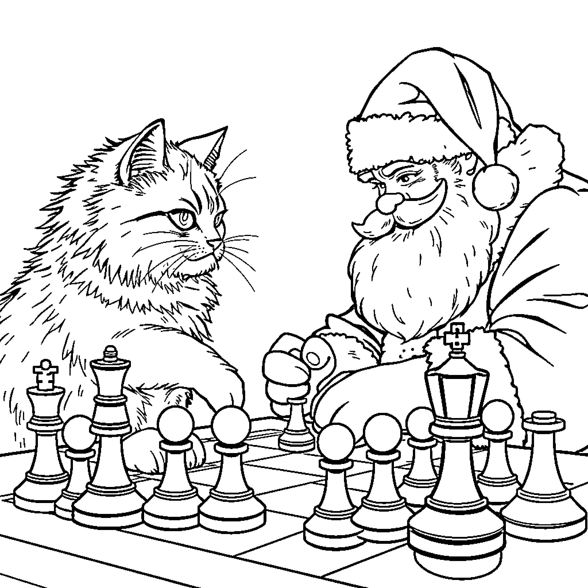 Cat Playing Chess with Santa Coloring Page (free black-and-white line drawing printable PDF for all, from beginners to advanced learners, including children, teens, adults, and seniors)